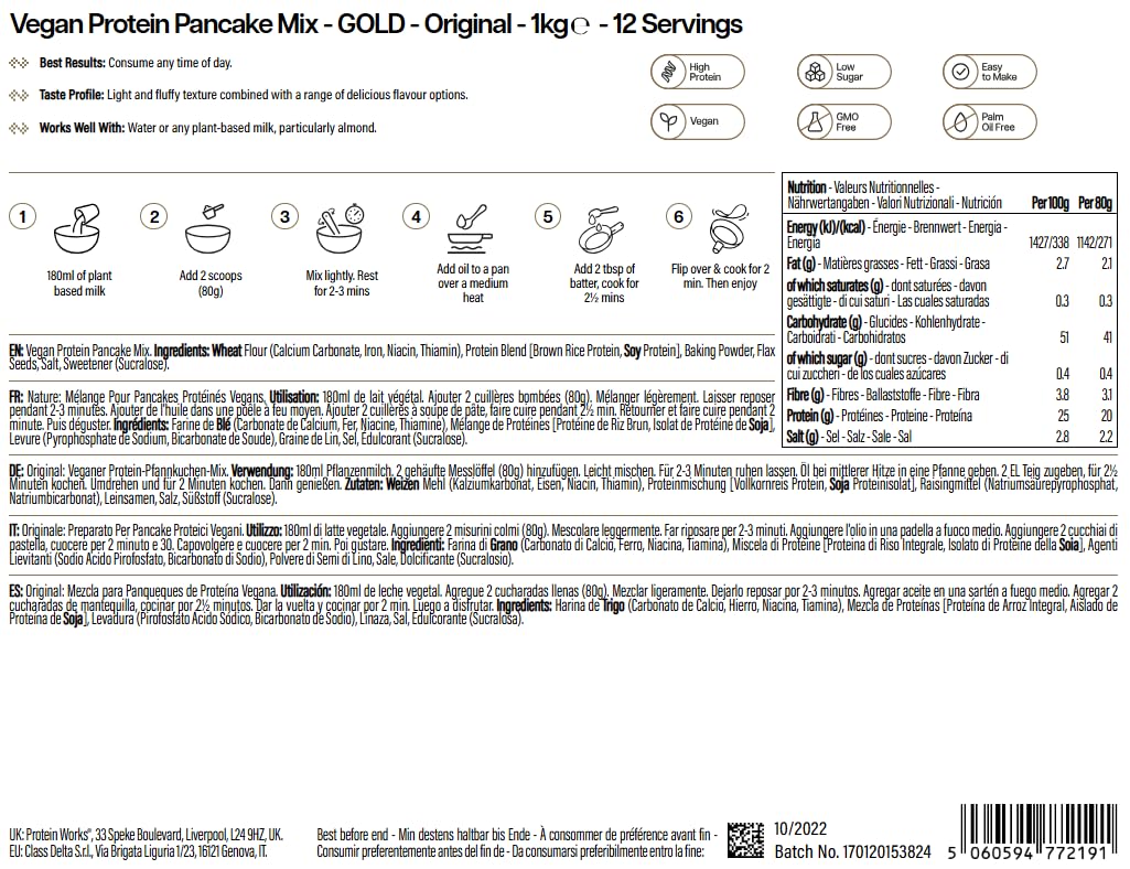 Protein Works - Preparato Per Pancake Vegani, 100% Vegetale, Colazione ad Alto Contenuto Proteico, Snack a Basso Contenuto di Zucchero, Naturale, 1kg