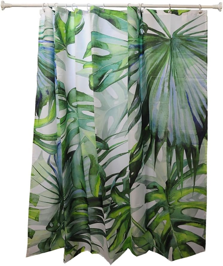 Colour Kingdom Blue Green Broadleaf Palm leaves Shower Curtain, Polyester Fabric Waterproof, With 12 Bathroom Curtain Rings