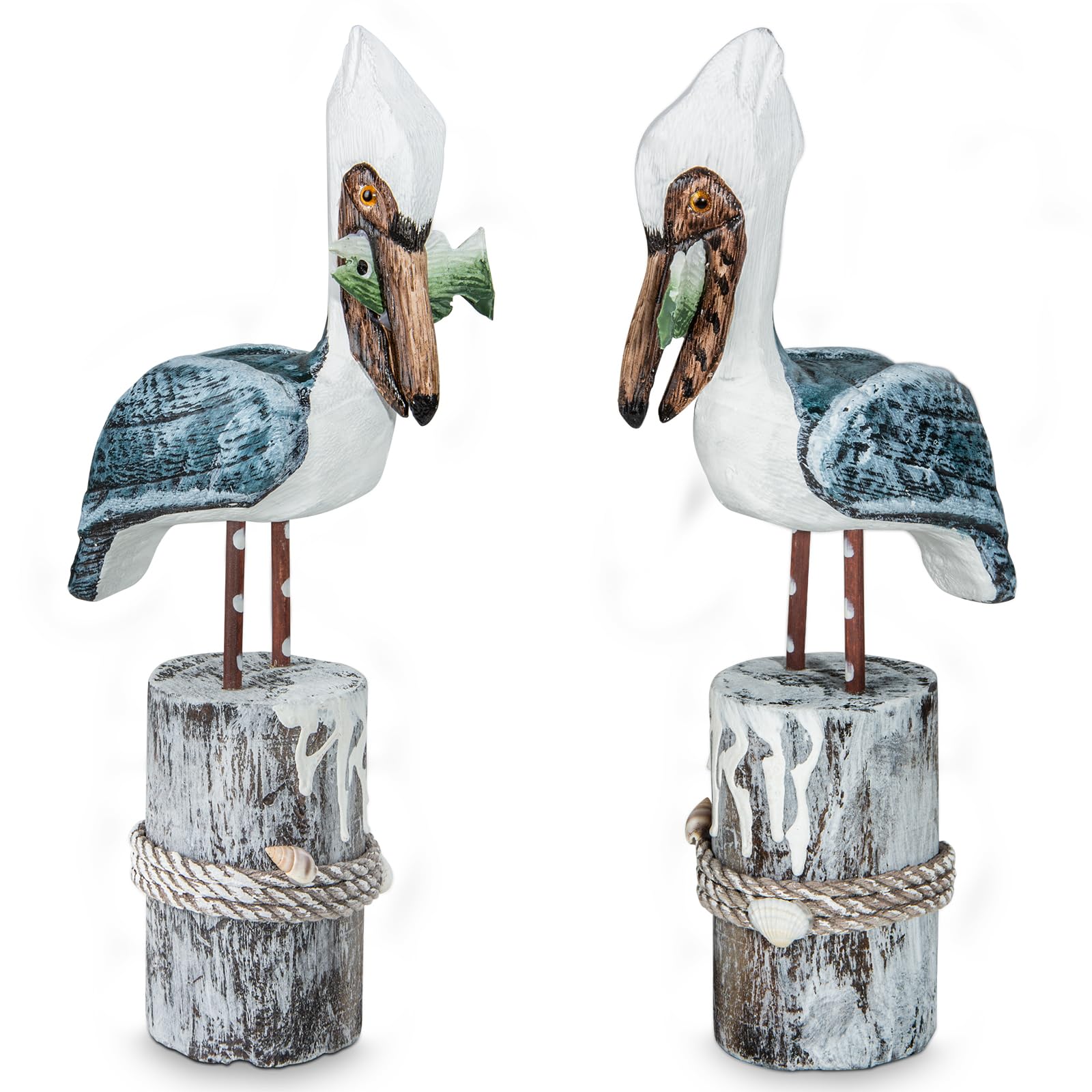2 Pack Sea Bird Figurines Home Decor, Pelicans Decor Wooden Carving Art for Nautical Coastal Beach Garden Room Office Decoration (2,Blue), FGL2P