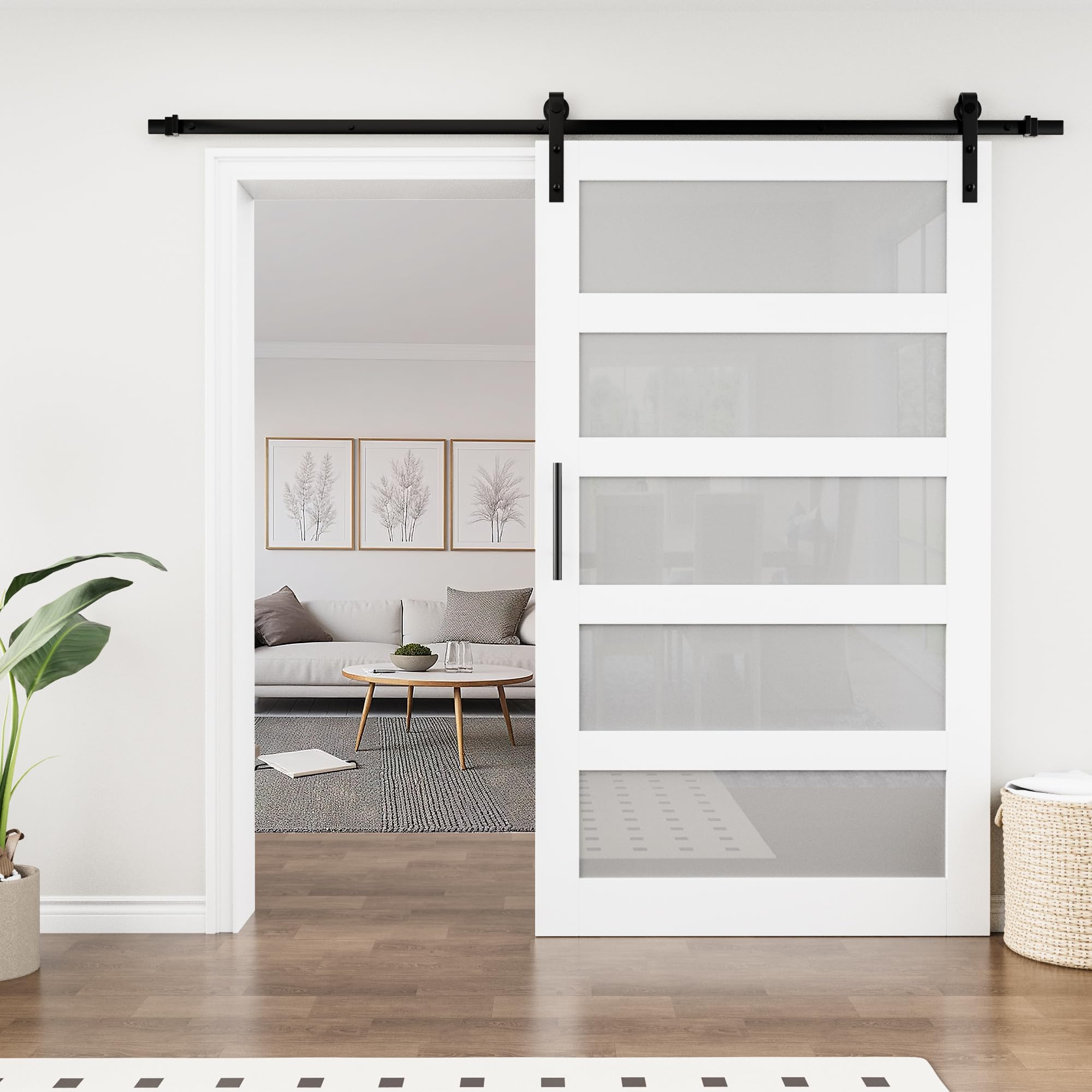 5-Lite Frosted Glass Paneled White Barn Door, 48" x 84"