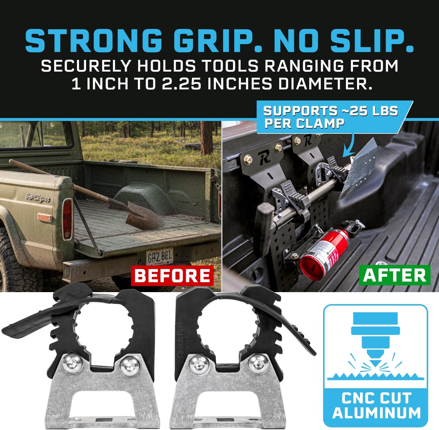Rago Fabrication Molle Panel Mounts with Quick Fist Clamps for Shovels and Axes - CNC Cut Aluminum Mounting Brackets for Truck Beds - Made in USA