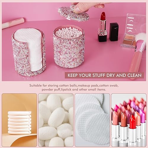 Miniatura 6 de KEYPOWER Almohadilla de bolas de algodón con diamantes de imitación, soporte dispensador de almohadillas de maquillaje, tarro acrílico con tapa,