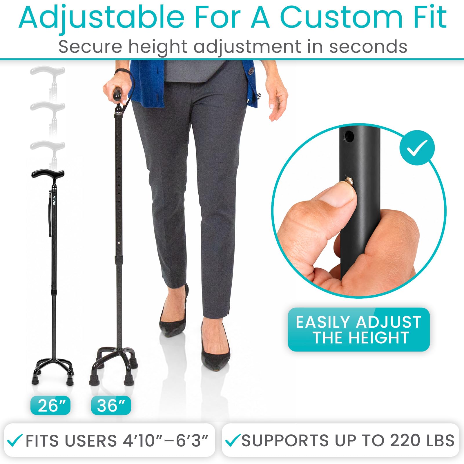 Vive Quad Cane - Bastón ligero de fibra de carbono para hombres y mujeres - Mango ergonómico ajustable - Puntas de goma antideslizantes de cuatro puntas para soporte de estabilidad derecha e izquierda