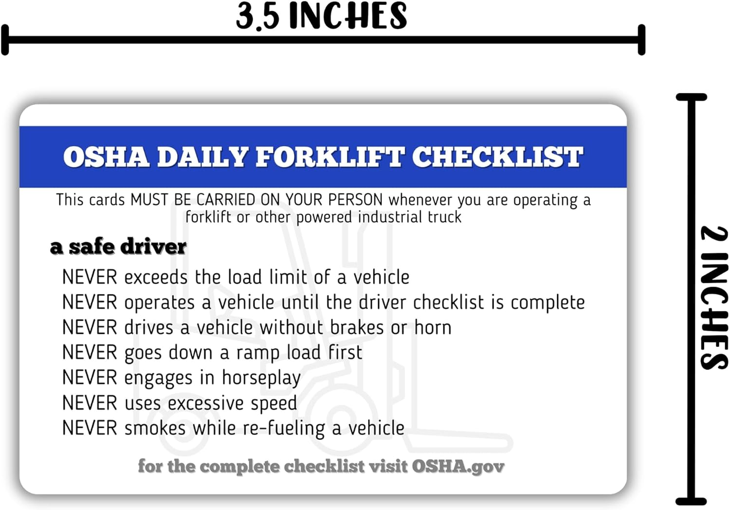Forklift Operator Card | 5 pk 3.5x2.25” Plastic Wallet Training ID Cards with Expiration Date Fill in Name Completion Hard Hat Safety Checklist Bulk ID Tag image 3