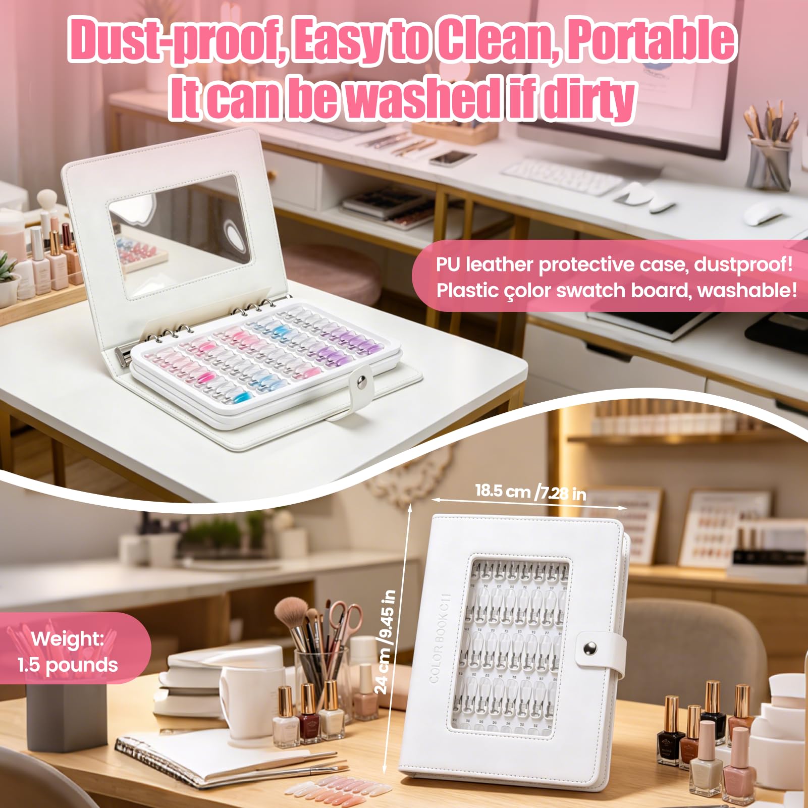 Nagelfarben-Präsentationsbuch mit 150 transparenten Nagelspitzen, Premium-Nagellack-Probebuch für Salon und Profis, verstellbare Nagelfarbtafel, tragbarer Gel-Nagellack-Proben-Organizer mit Zahlenstab