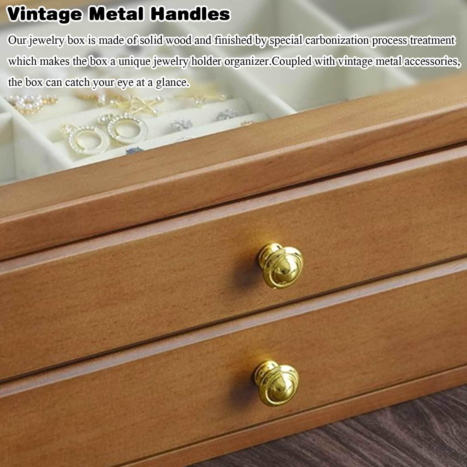 Joyero de madera, organizador vintage con tapa de cristal transparente, estuche de almacenamiento rústico de dos capas para anillos, collares y broches