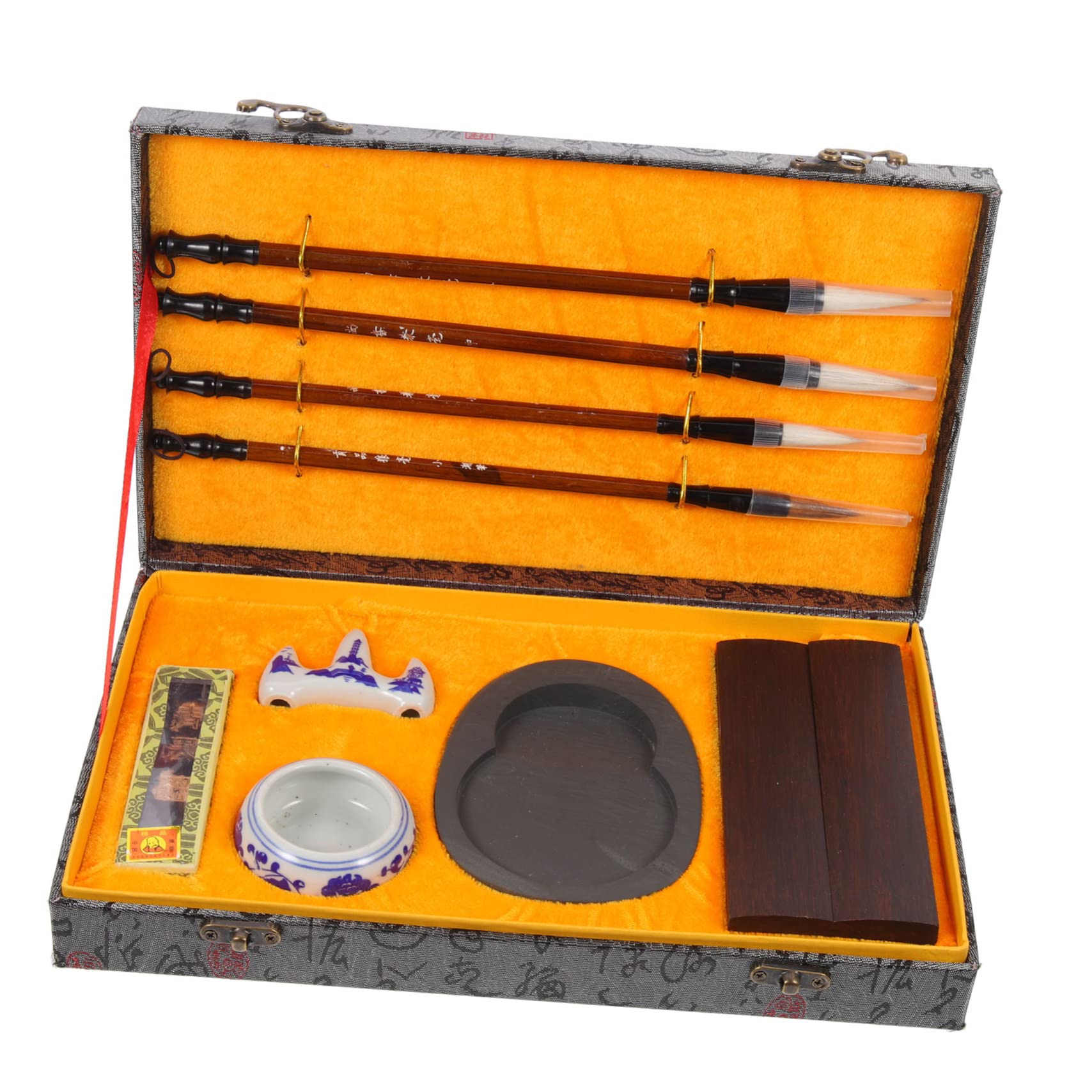 PLAFOPE Coffret de Calligraphie 1 Set Pinceaux en Bois Légers et Résistants pour Étudiants, Pierre à Encre et Bâton D'encre, Pratique Calligraphie Dessin