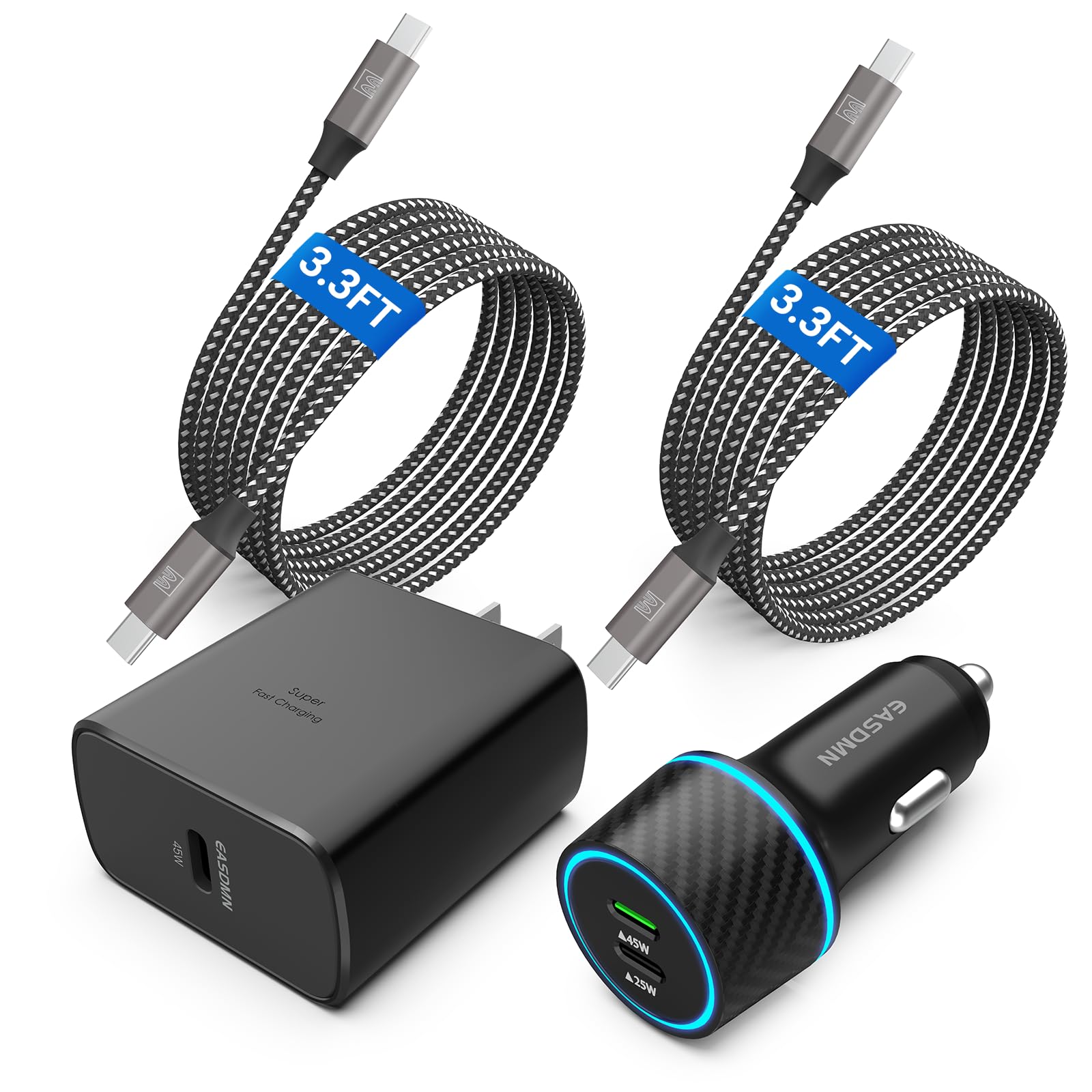 45W USB-C Charger, 2-Pack 45 Watt Samsung Super Fast Charger Type C PPS Wall/Car Charger for Samsung Galaxy S24 Ultra/S24+/S23 Ultra/S23+/S23/S22 Ultra/Note 10+, Galaxy Tab S9 with 2X 3.3ft Cable