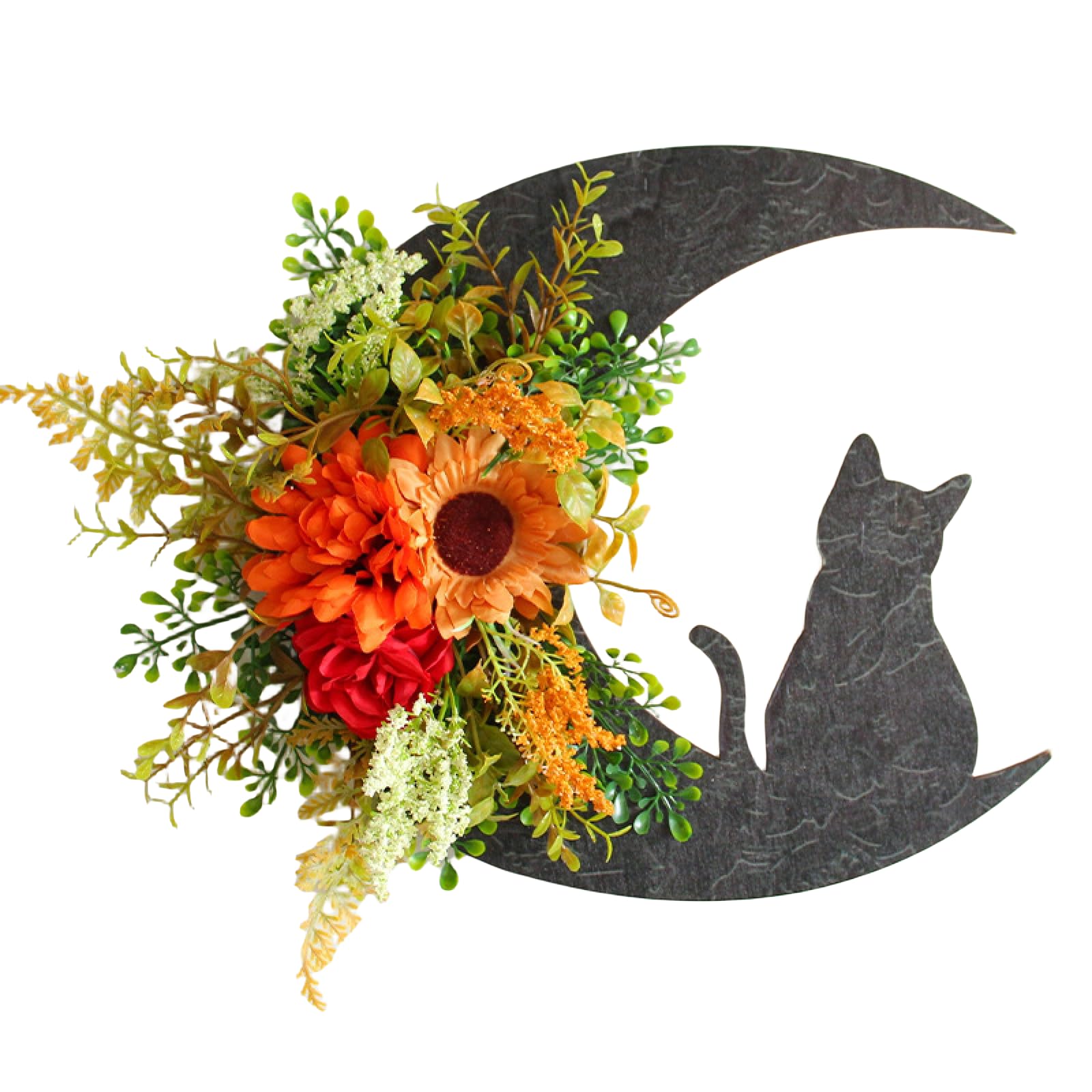 Halloween Moon Cat Wreath, Door Hanging Decoration, Holiday Deadwood Kitten Vine Wreath, Atmosphere Decoration asunflower