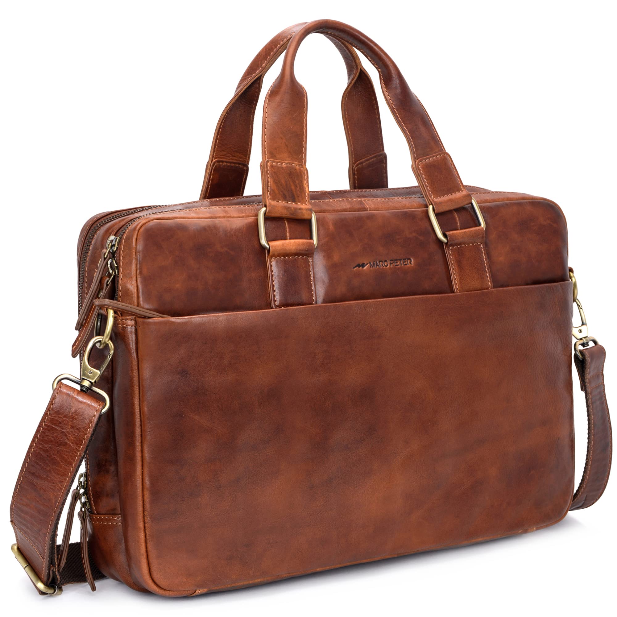 Marc Peter® Sydney Lehrertasche Herren Leder Aktentasche Laptoptasche Bürotasche Businesstasche groß XXL Umhängetasche Bräun