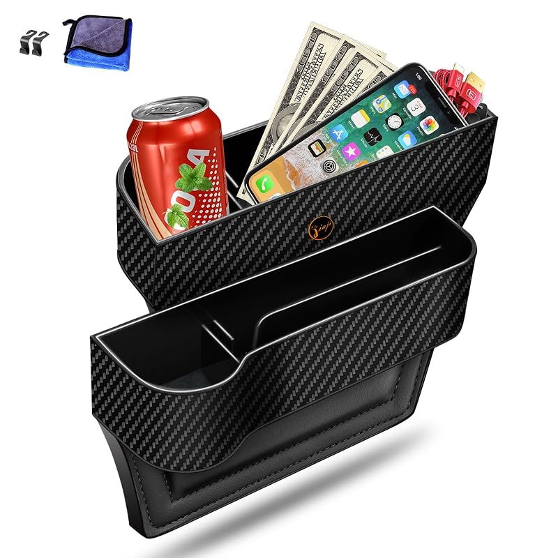 Organizador de Console para Vão do Banco com Porta-Copos e Ganchos, Acabamento Estilo Fibra de Carbono, jiaji, Kit com 2