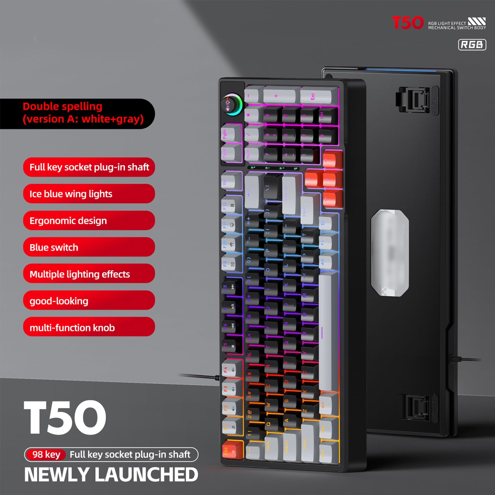 Fabater Tastiera Meccanica T WOLF T50 RGB, 98 Tasti con Switch Blu Sostituibili a Caldo, Illuminazione Dinamica e Manopola Rotante per PC, Computer, Gaming, Digitazione e lavoro. (Grigio Rosso)