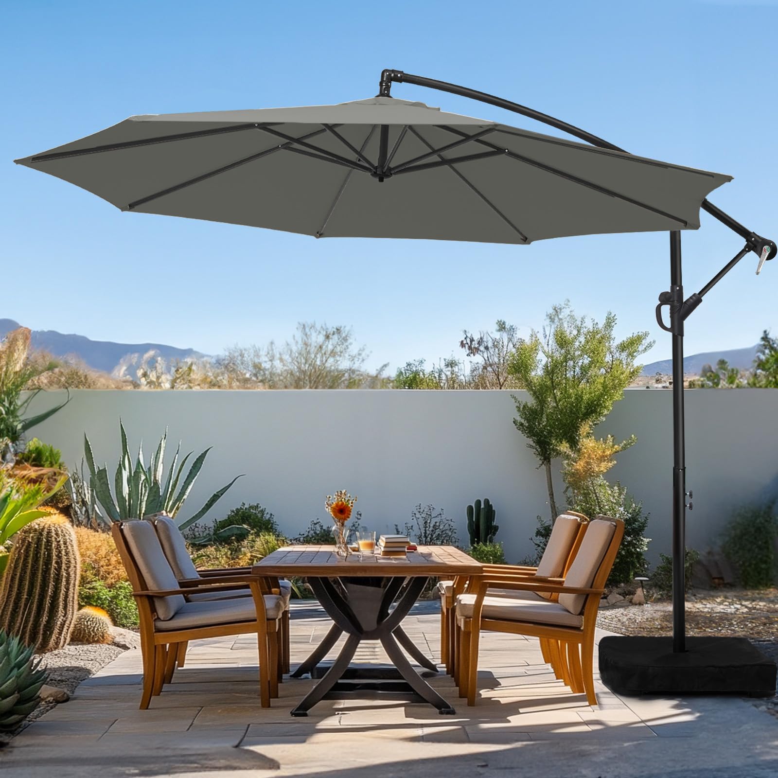 Photo 1 of NON-FUNCTIONAL, PARTS ONLY-----------------------------wikiwiki 10ft Patio Umbrella with Base Included, Outdoor Offset Cantilever Umbrella with Sandbag Base for Backyard, Garden and Pool, Easy to Tilt and Crank, Dark Gray