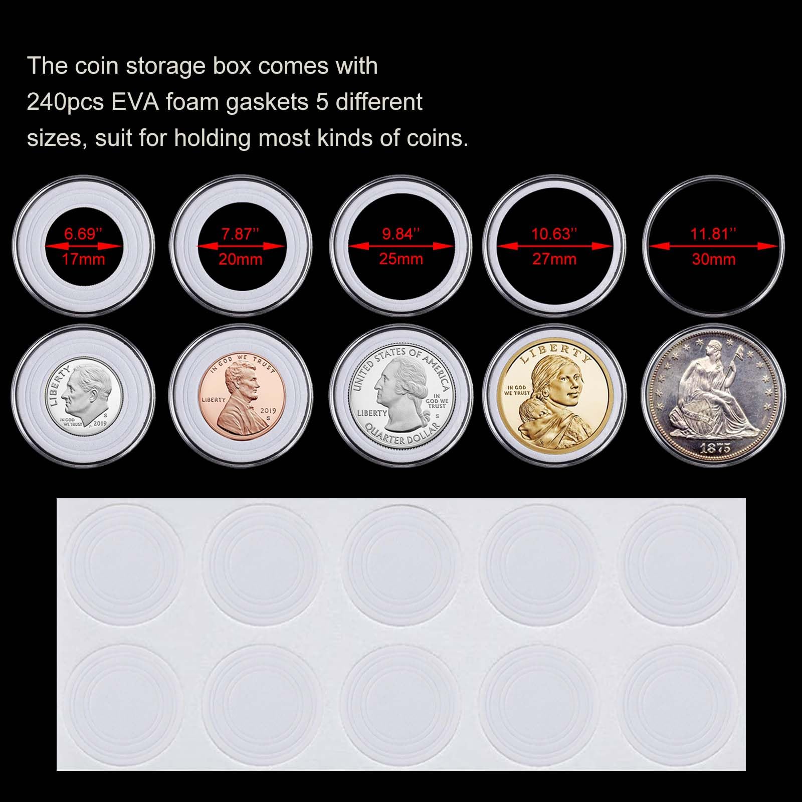 240 soportes para monedas de 30 mm para coleccionistas, con junta de espuma y caja organizadora de almacenamiento de plástico, 5 tamaños (17/20/25/27/30 mm) para suministros de colección de monedas