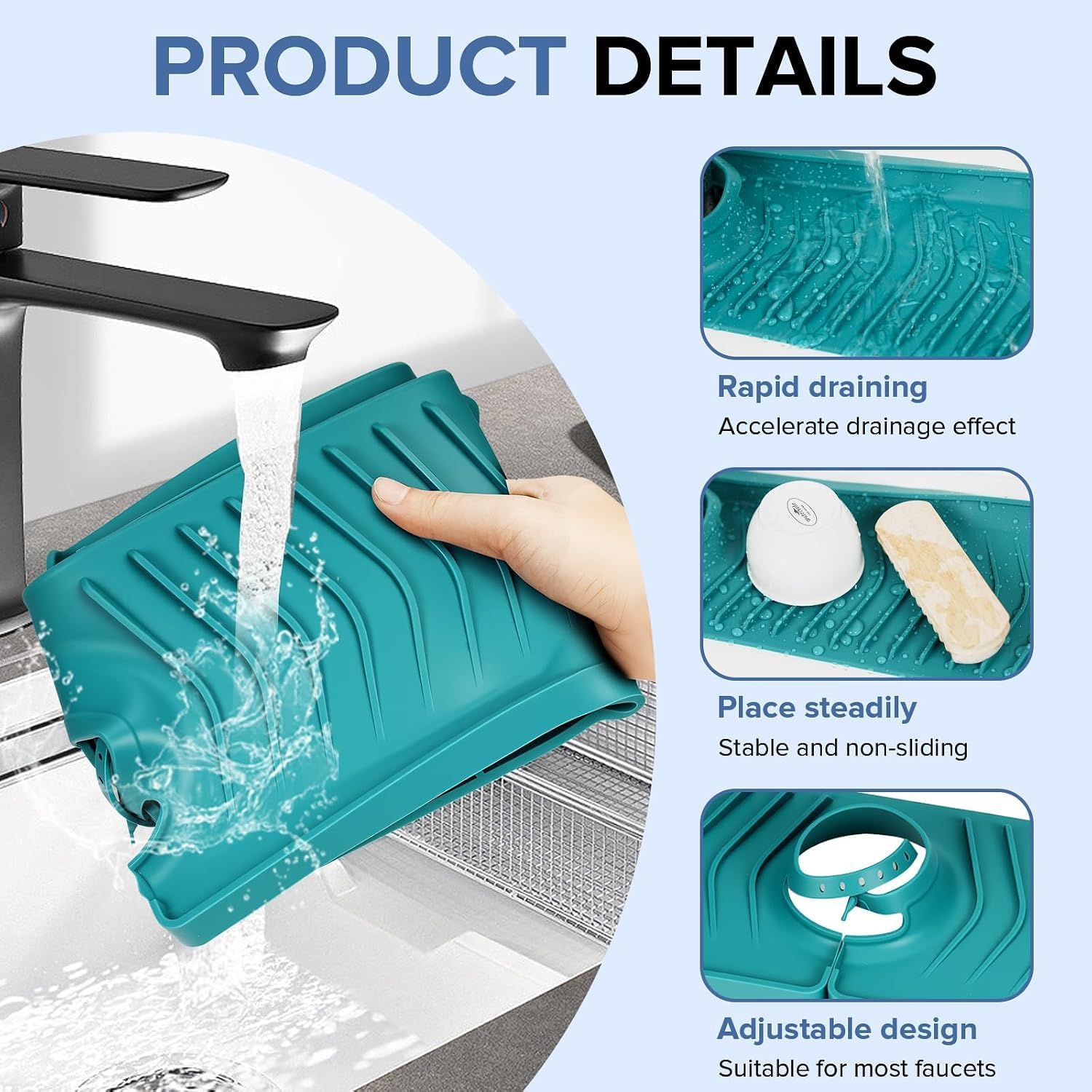 Kitchen Sink Faucet Mat,30in New Foldable Faucet Mat for Kitchen Sink, Adjustable Waterproof Splash Guard Draining Mat,Keep Countertops Dry (Green,29.9" x 5.7)