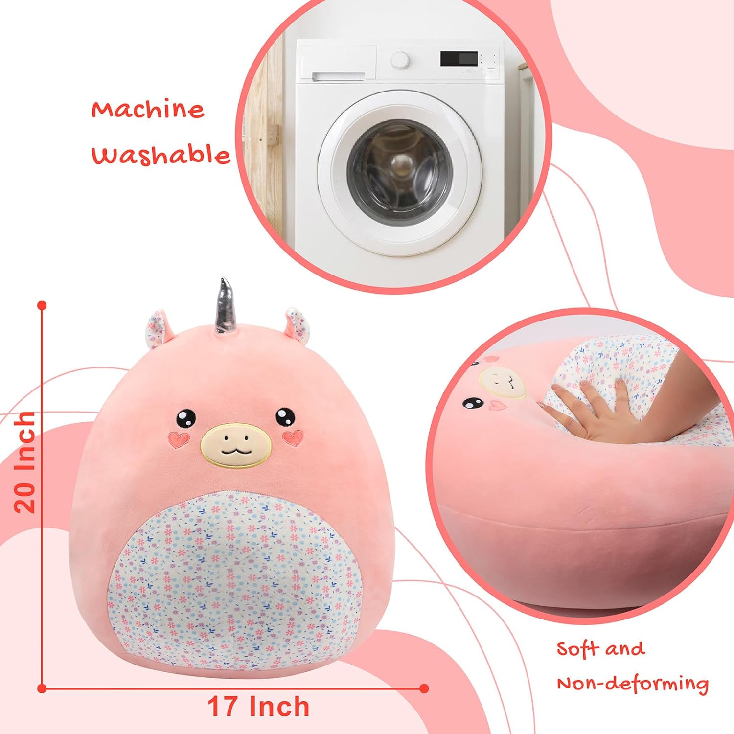 20-Inch Large Unicorn Plush Pillow with Floral Belly Cute Soft Hugging Plush Toy Jumbo Stuffed Animal Birthday Gift for Girls Kids Adults, Pink