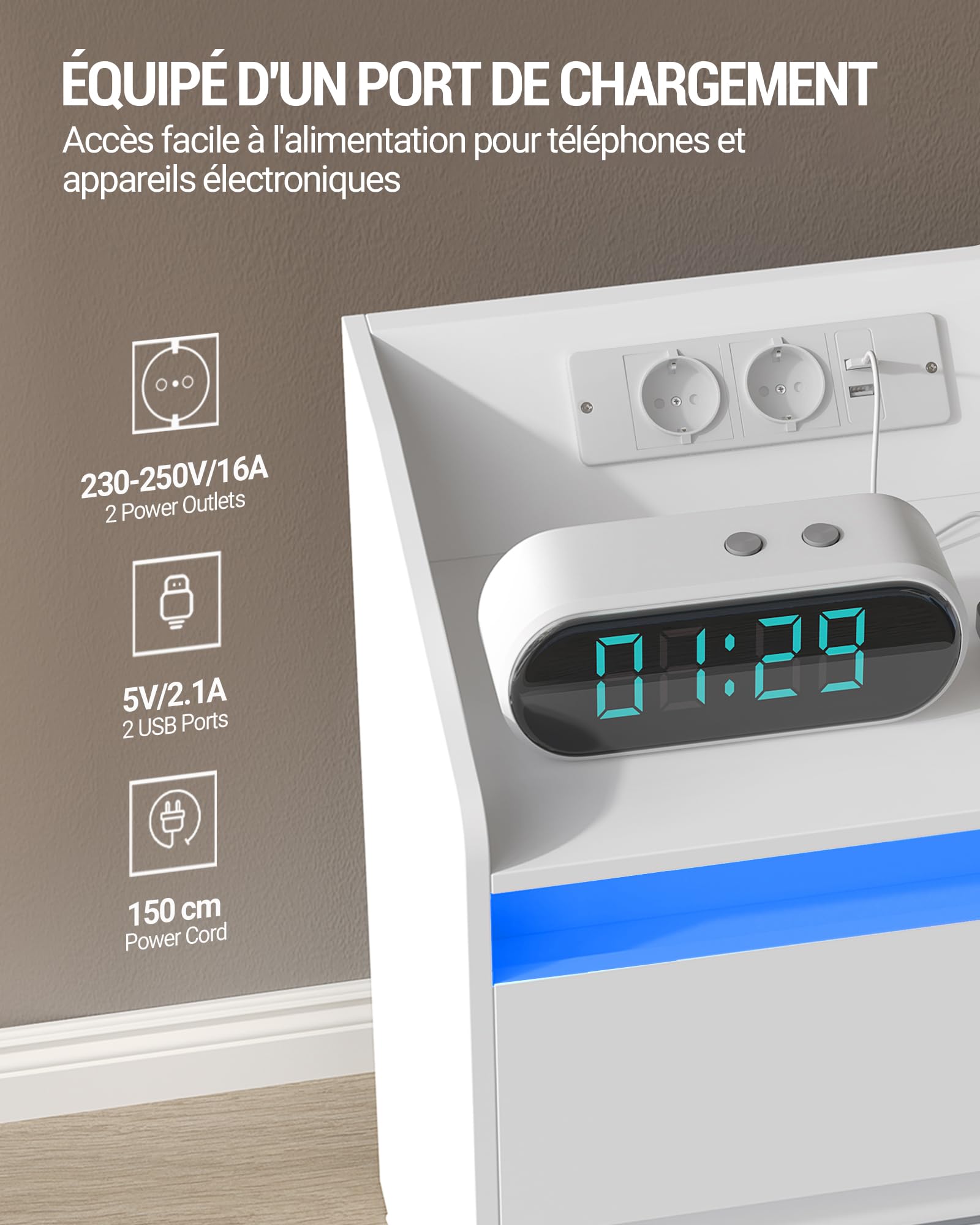 Hzuaneri Tables de Chevet avec lumières LED, Lot de 2, Station de Chargement et 2 tiroirs, Table d'appoint avec Ports USB et Prises électriques, pour la Chambre à Coucher, Blanc NS30103X