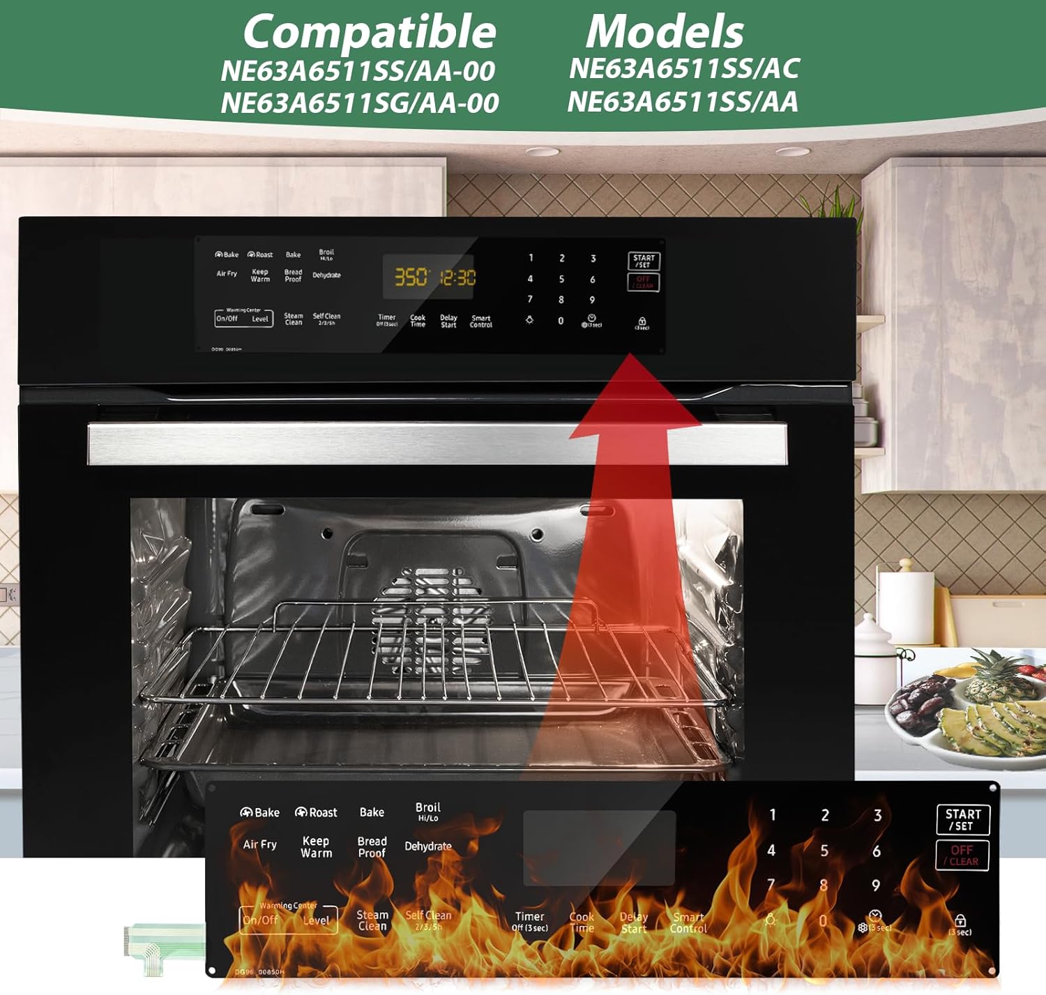 Image showing the DG96-00850H control panel being installed into a Samsung gas range, highlighting compatibility with specific models.
