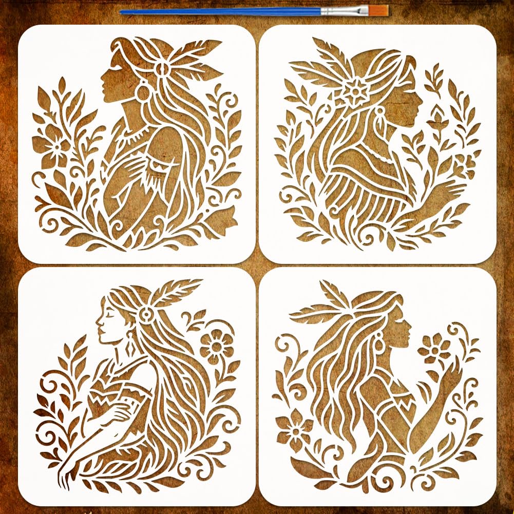 FINGERINSPIRE 4Pcs Indian Woman Vine Stencil with Paintbrush 20x20cm Reusable Native American Women Painting Stencils Human Theme Drawing Template for Painting on Wood Wall Furniture Fabric