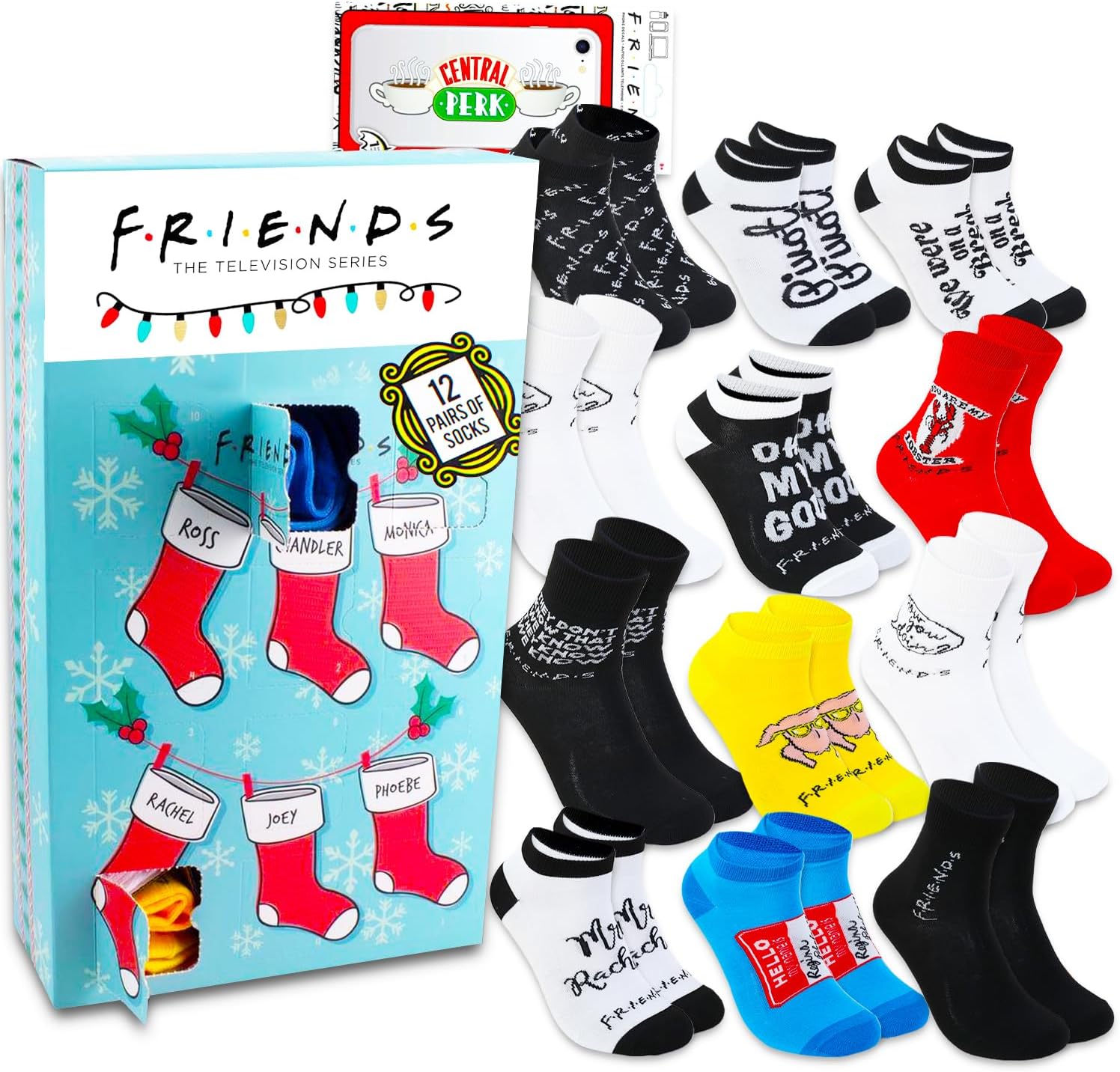 Friends Countdown Christmas Advent Calendar Socks Set - Bundle of 12 Pair of Socks for Adults & Decal | Friends Sock Box Set for Men, Women