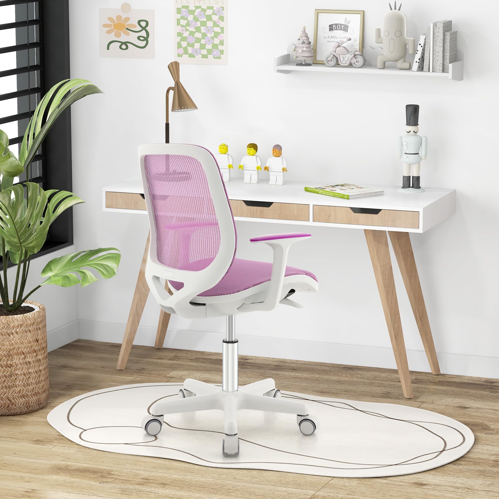 RELAX4LIFE Sedia Girevole per Bambini, Altezza Regolabile, Schienale e Braccioli, Ruote con Freni, Sedile a Rete per Bambini 3-10 Anni, Ideale per Cameretta e Studio (Blue) (VIOLA)
