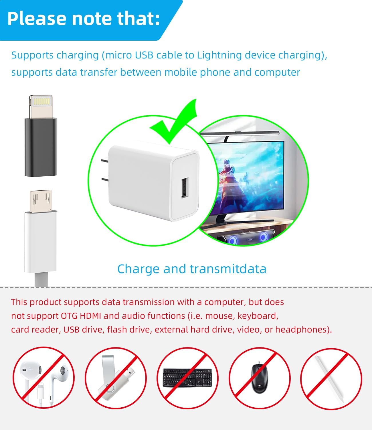 Micro USB to Lightning Adapter（3 Pack）Fast Charging Data Transmission Converter Micro USB Female Cable to Lightning Male Connector Compatible for Iphone 13 12 11 Pro Max Mini Xr Xs X 8 7 6 Ipad