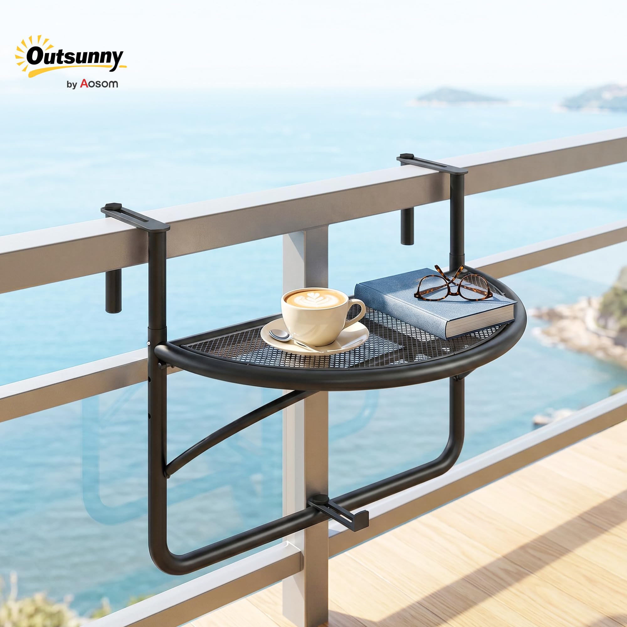 Outsunny Tavolino da Appendere alla Ringhiera del Balcone Regolabile in Altezza Ferro 60 x 45 x 50 cm Nero