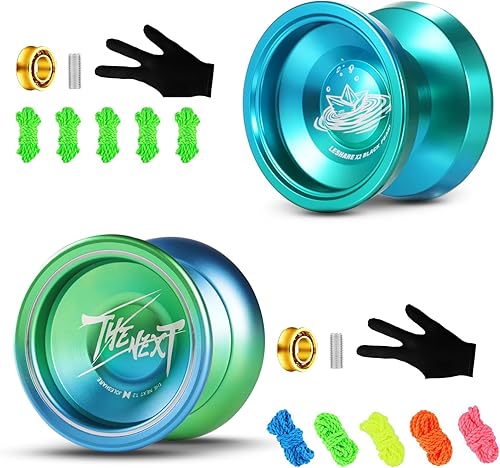 LESHARE X2 Yoyo de aluminio azul y verde sensible + JOLESHARE T2 Blue Green Yoyo profesional que no responde con rodamientos sensibles reemplazables