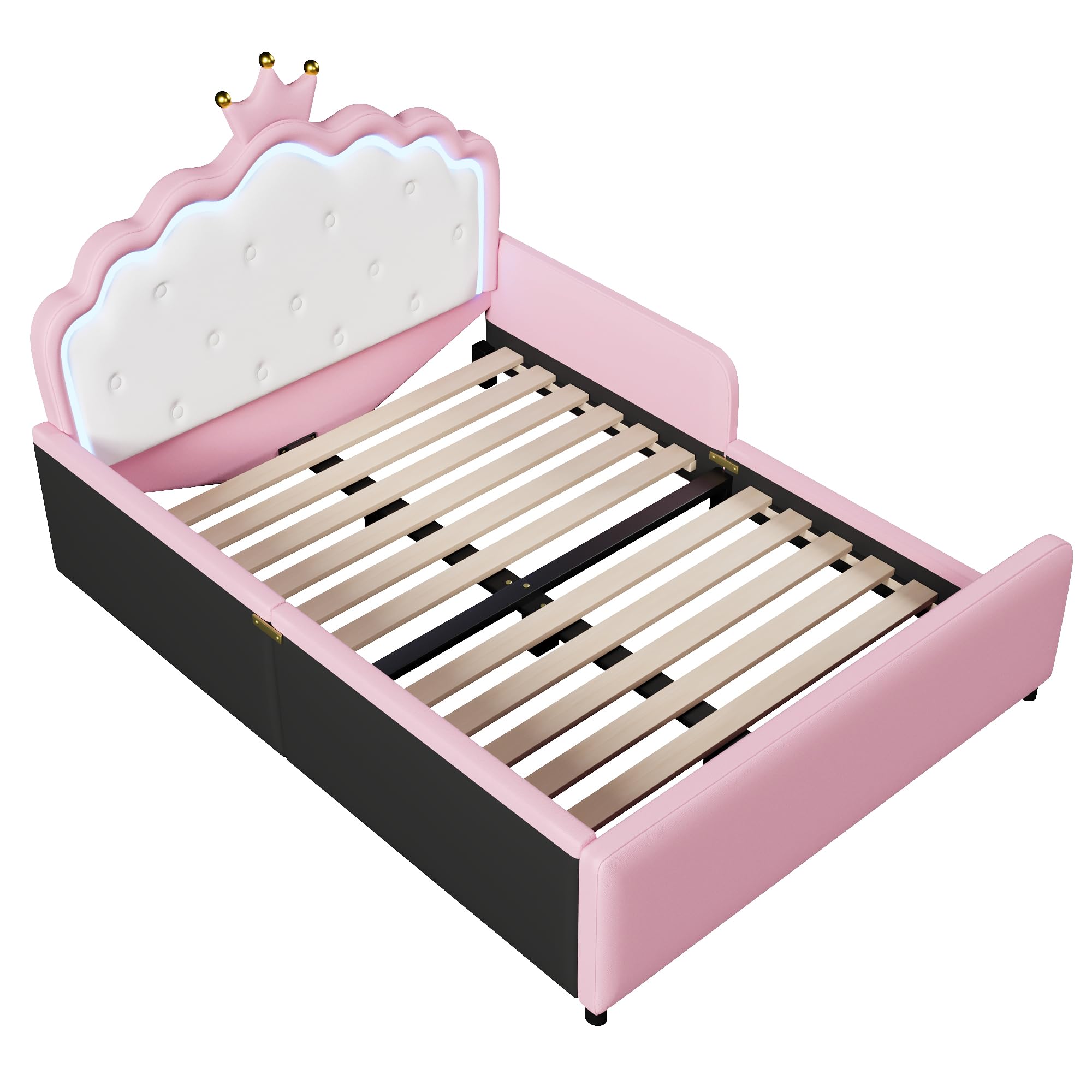 Cadre de Lit Princesse 140x190 cm, Cadre Rembourré PU Rose avec Tête de Lit Couronne LED Intégrée et Barrières de Sécurité pour Chambre de Fille, sans Matelas