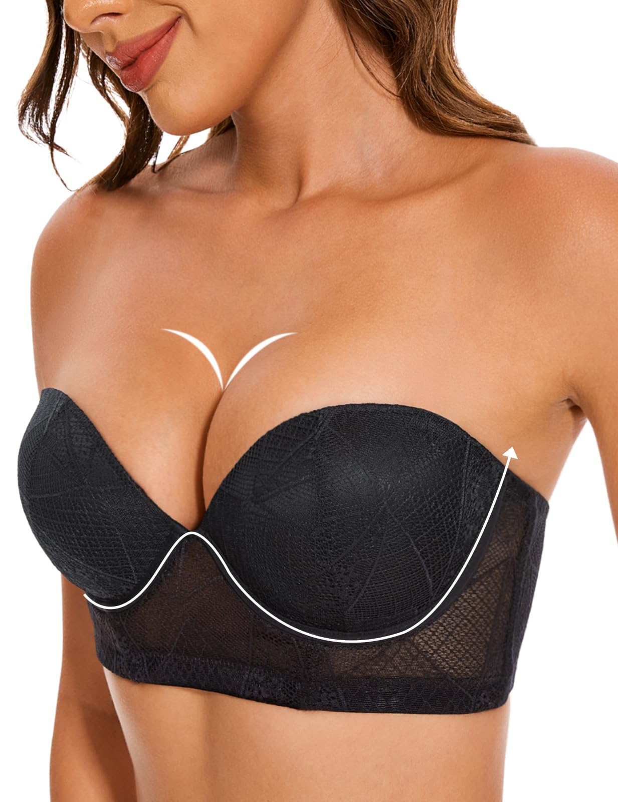 Longline Strapless Push Up Bras for Women Ultra Padded Uplift Multiway Lace Corset Bra with Underwire Support