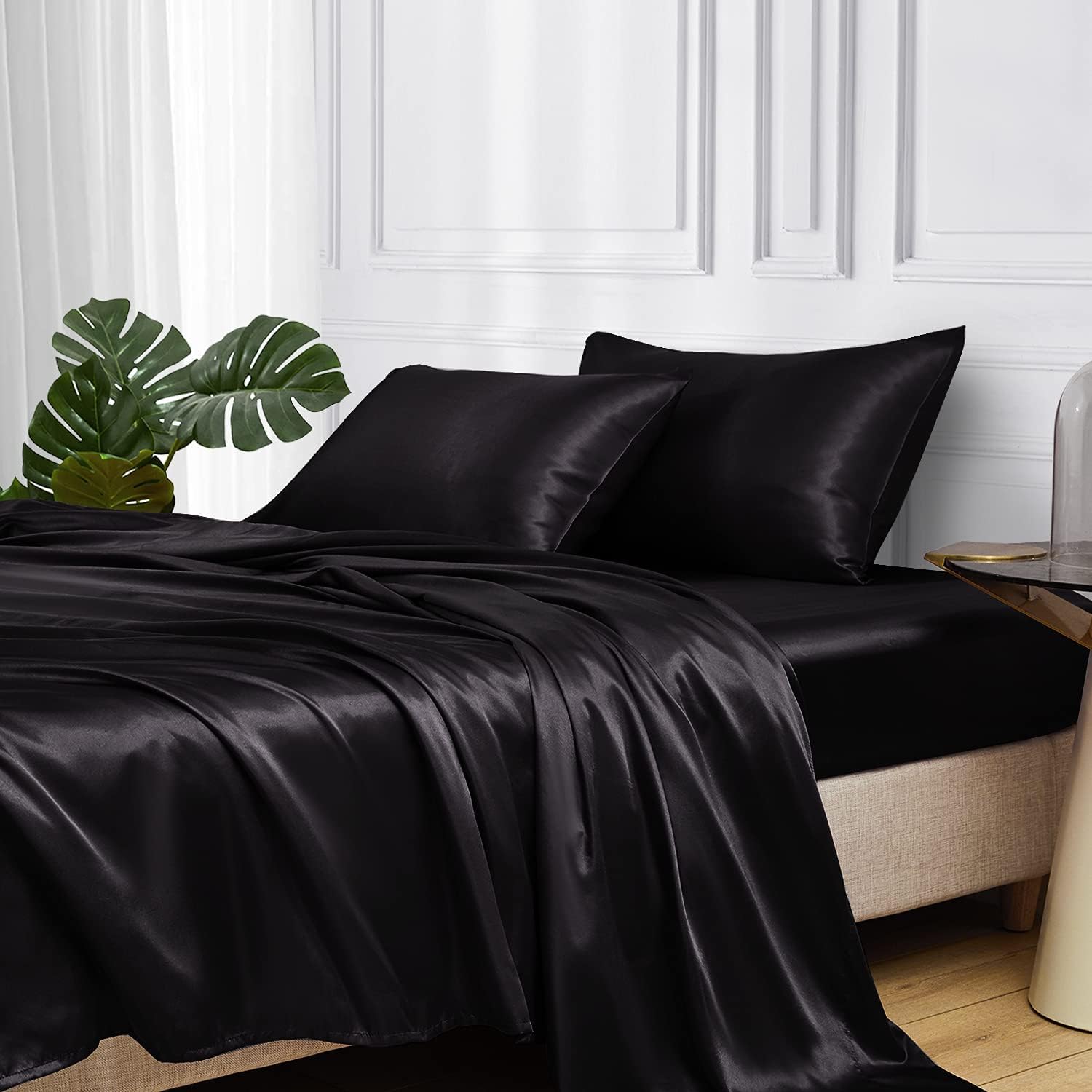 sheful مجموعة ملاءات السرير, Silky Bedding Sheets Set, Queen Size Sheets Set, 4 Pcs Satin Bed Sheets, 1x Cooling Bed Sheet 90x102 Inches, 1x Fitted Sheet 60x80 Inches and 2 Pillowcases - Black
