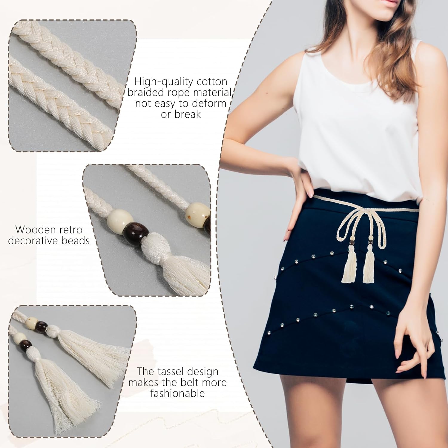 Women's Braided Knotted Waist Belt, Skinny Boho Chain Fringe Tie Belt with Wooden Beads Decorative Beaded Belts Waistband for Women Dresses, Skirts, Tunics Boho Outfits (White) - Image 3