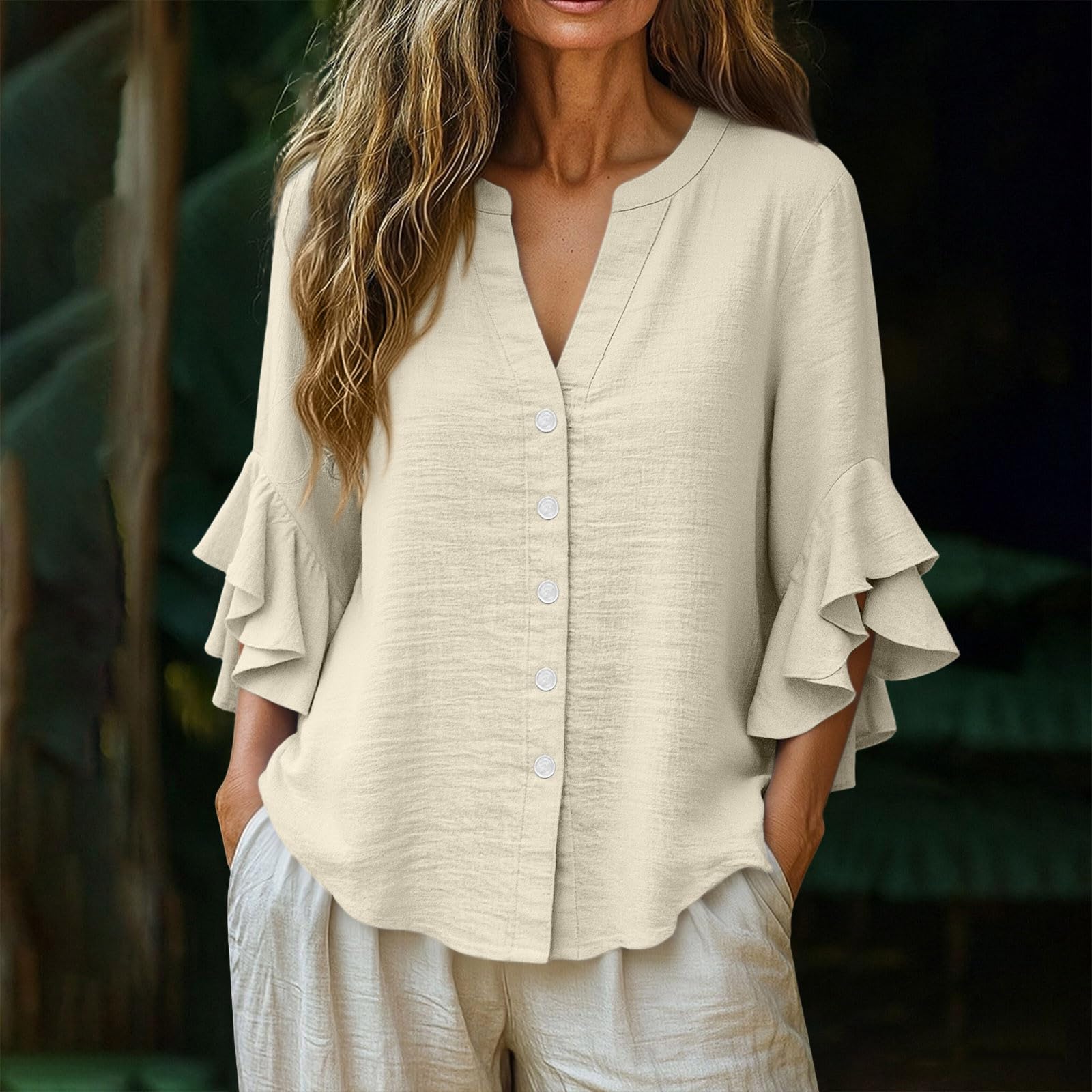 3/4 Ruffle Sleeve Cotton Linen Shirts for Women Dressy V Neck Beach Tunic Tops Elegant Summer Casual Work Blouses - 3