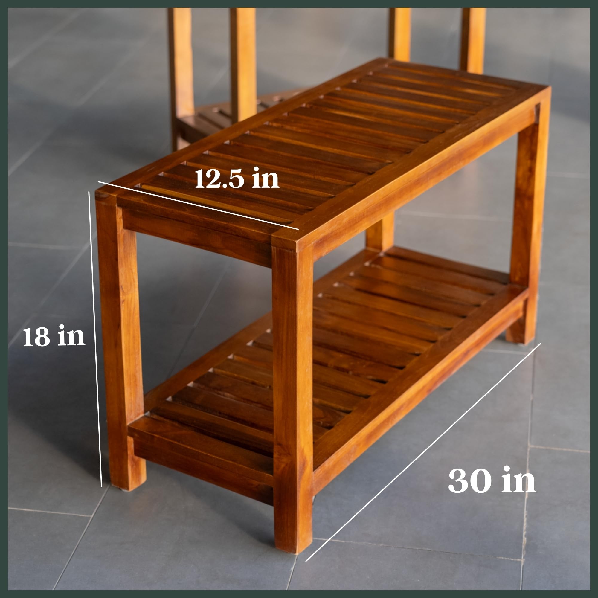 Banco de ducha de teca de 30 pulgadas, banco de madera totalmente montado con estante, resistente al agua, patas ajustables antideslizantes, para uso en spa, jardín o baño