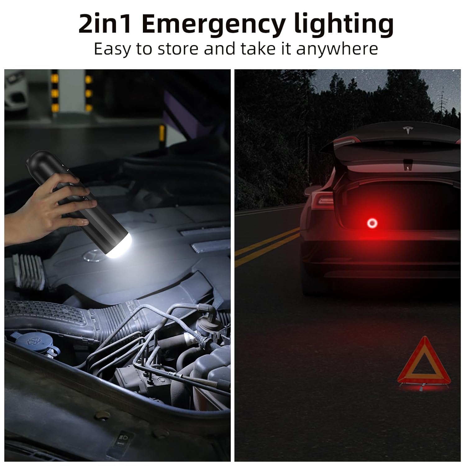 RUBOT P15 Handheld Vacuum Cleaner showing its emergency lighting features: a white flashlight and a red flashing warning light.