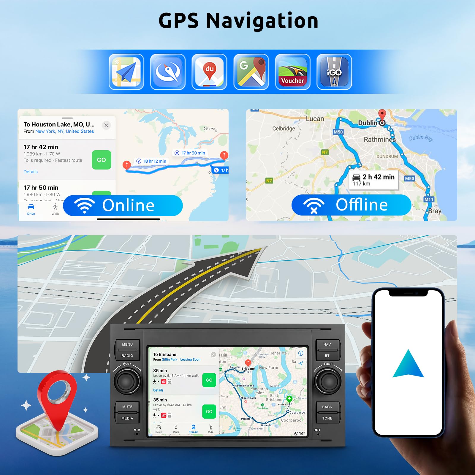 2G+64G Radio Coche Android 13 para Ford Focus Fiesta C/S-MAX Transit Galaxy Mondeo Connect con Pantalla Táctil HD 7” con CarPlay y Android Auto GPS Wi-Fi USB BT FM RDS