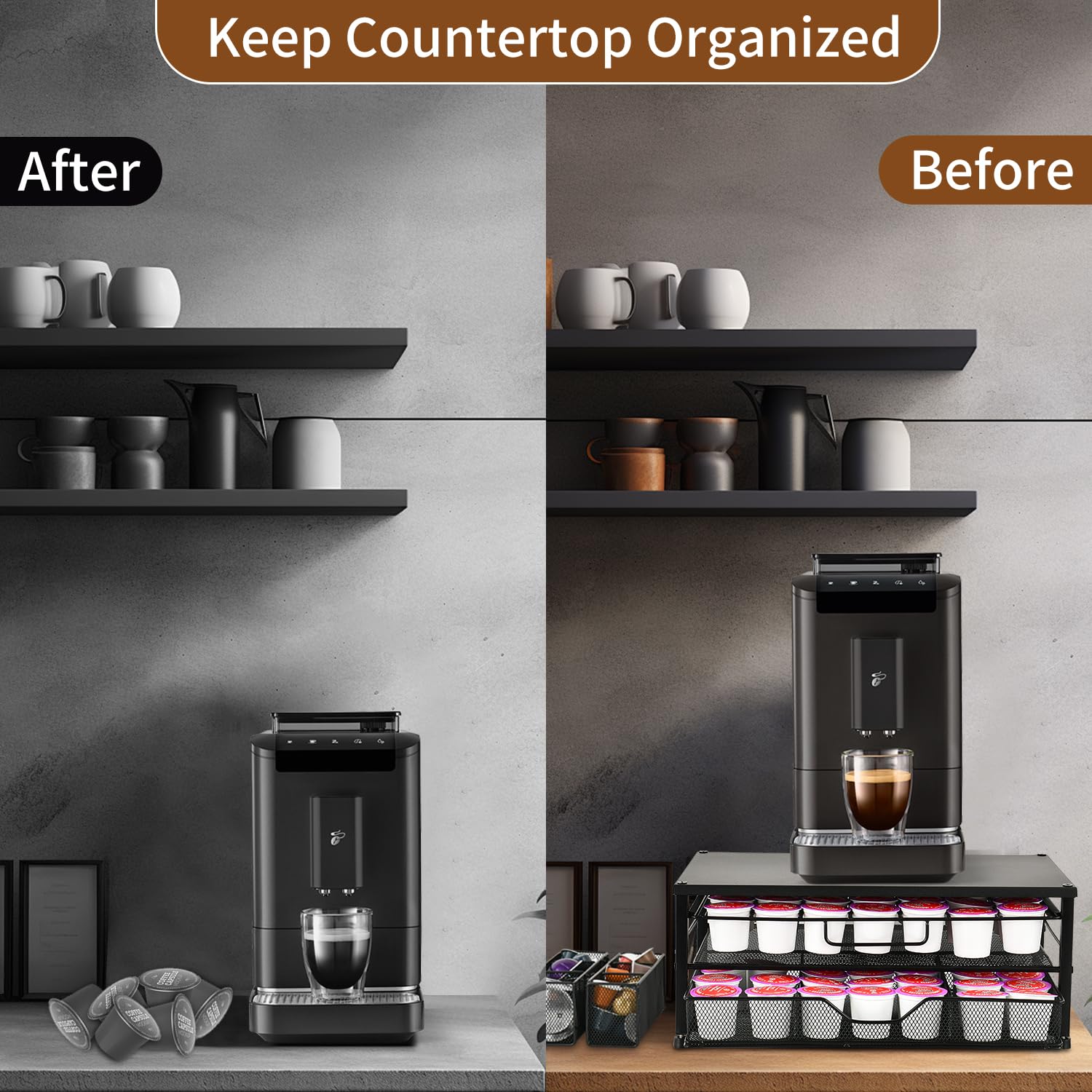 Spacrea Organizador de tazas K, soporte para cápsulas de café para mostrador con cajón de almacenamiento deslizante de 2 niveles, soporte para accesorios de barra de café, 63 cápsulas grandes u 80