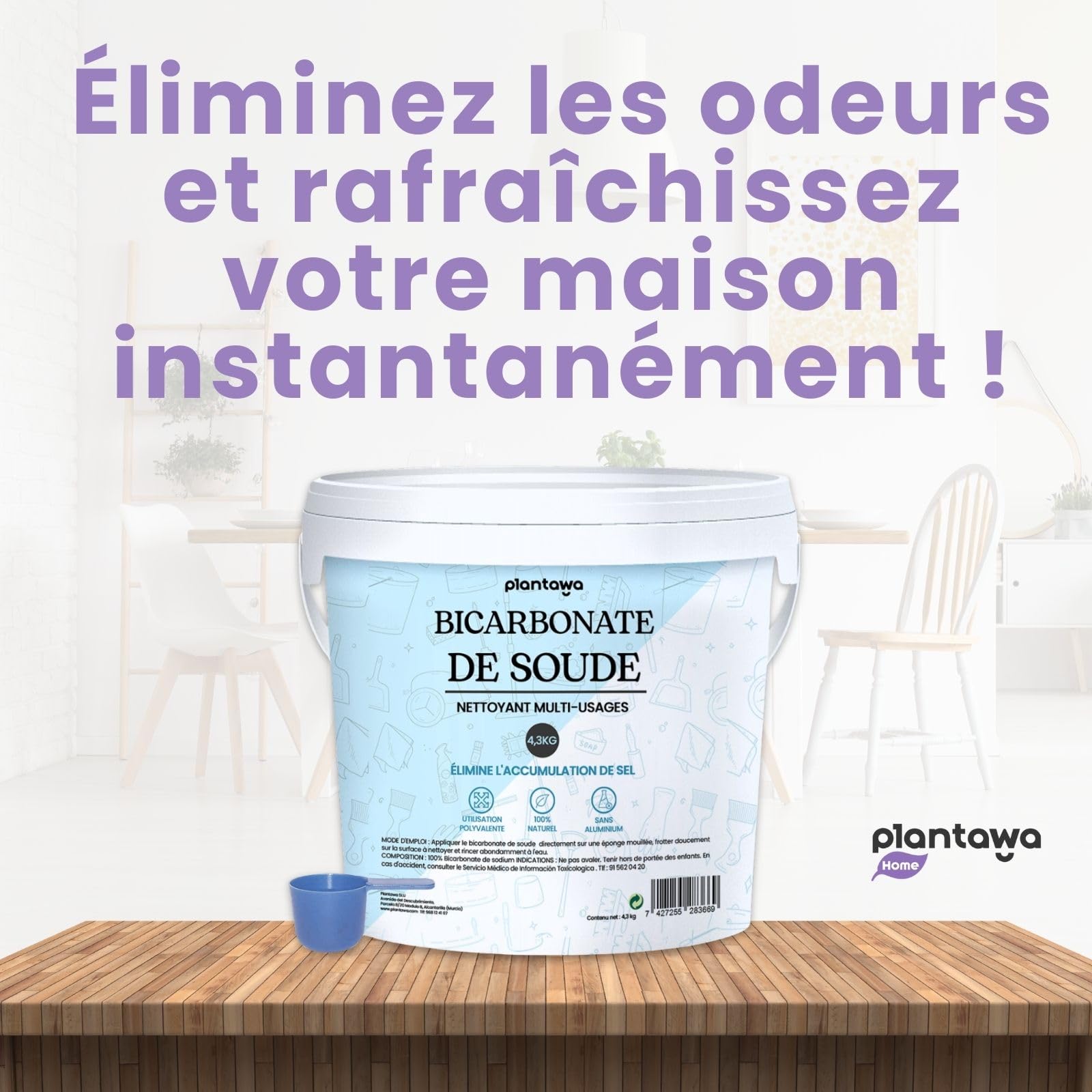 PLANTAWA Bicarbonate de Soude Ménager 4,3kg | Bicarbonate de Soude Multi-Usages | Détachant, Blanchissant et Élimine Odeurs et Graisse | Origine Naturelle et Pure