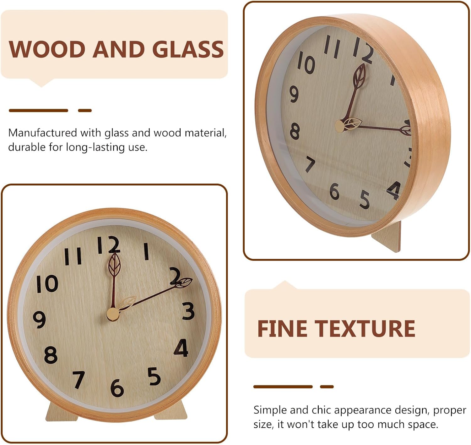 Wooden Silent Table Clock 8-inch with Basswood Frame, Large Trendy Numbers, Decorative Desktop Ornament for Home and Office