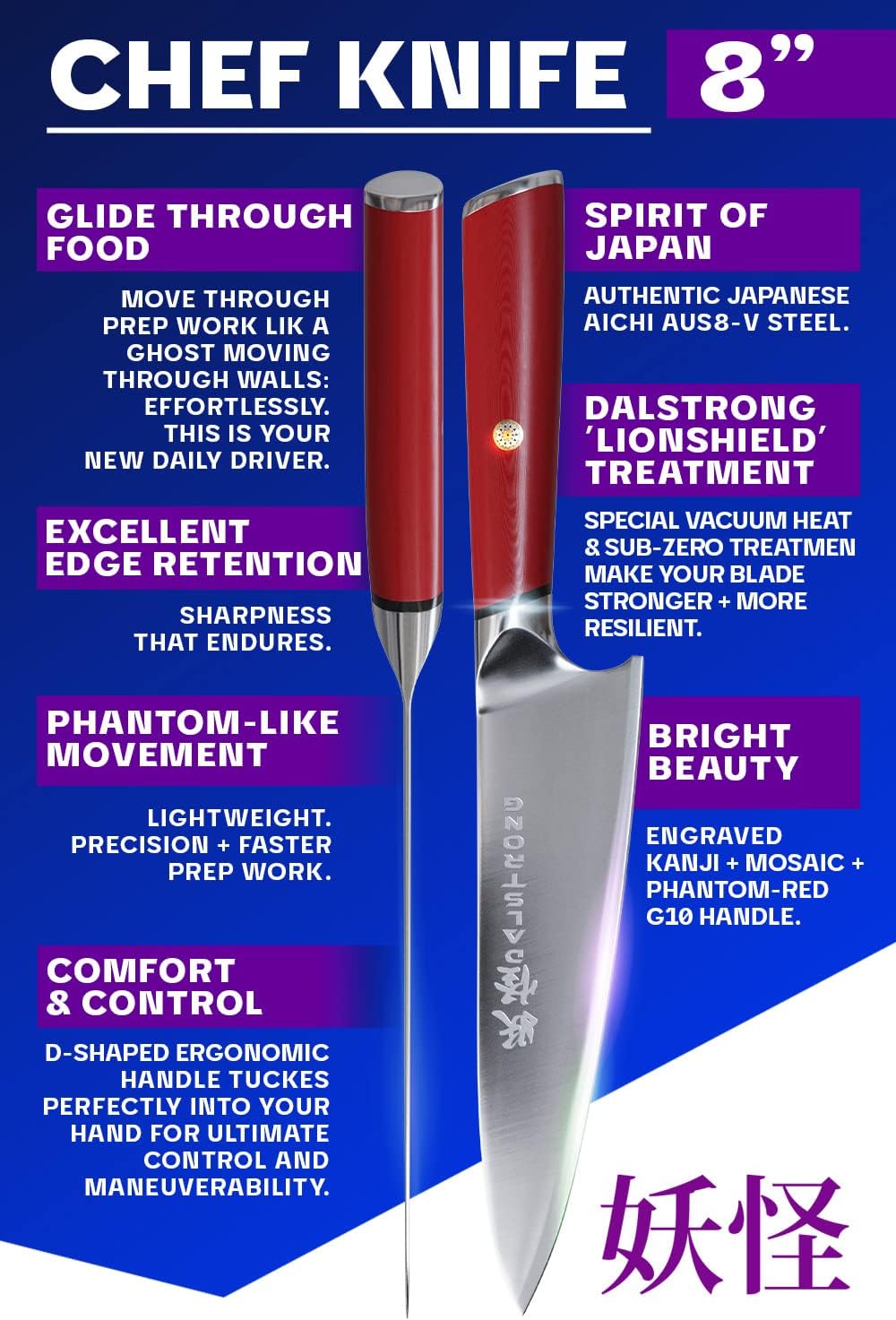 Dalstrong Chef Knife - 8 inch - Phantom Series - Japanese High-Carbon AUS8 Steel Kitchen Knife - Red G10 Handle - Cooking Knife - Kitchen Knife - w/Sheath