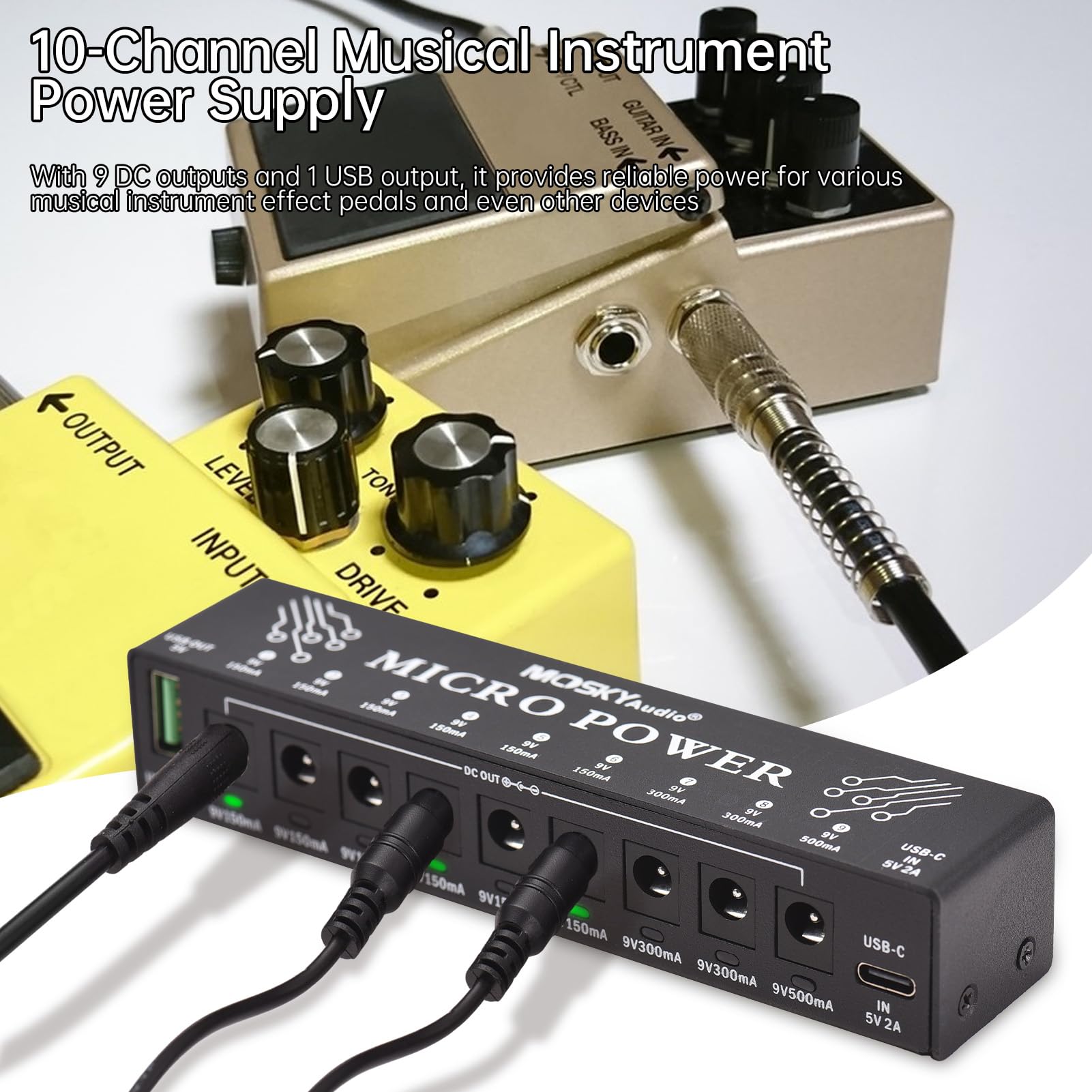 Btuty Alimentatore per Chitarra Ricarica di Strumenti Musicali A 10 Canali con Protezione da Cortocircuito Indipendente Indicatore LED 9 Uscite Dc E 1 Uscita USB per Effetti A Pedale Chitarra Altri