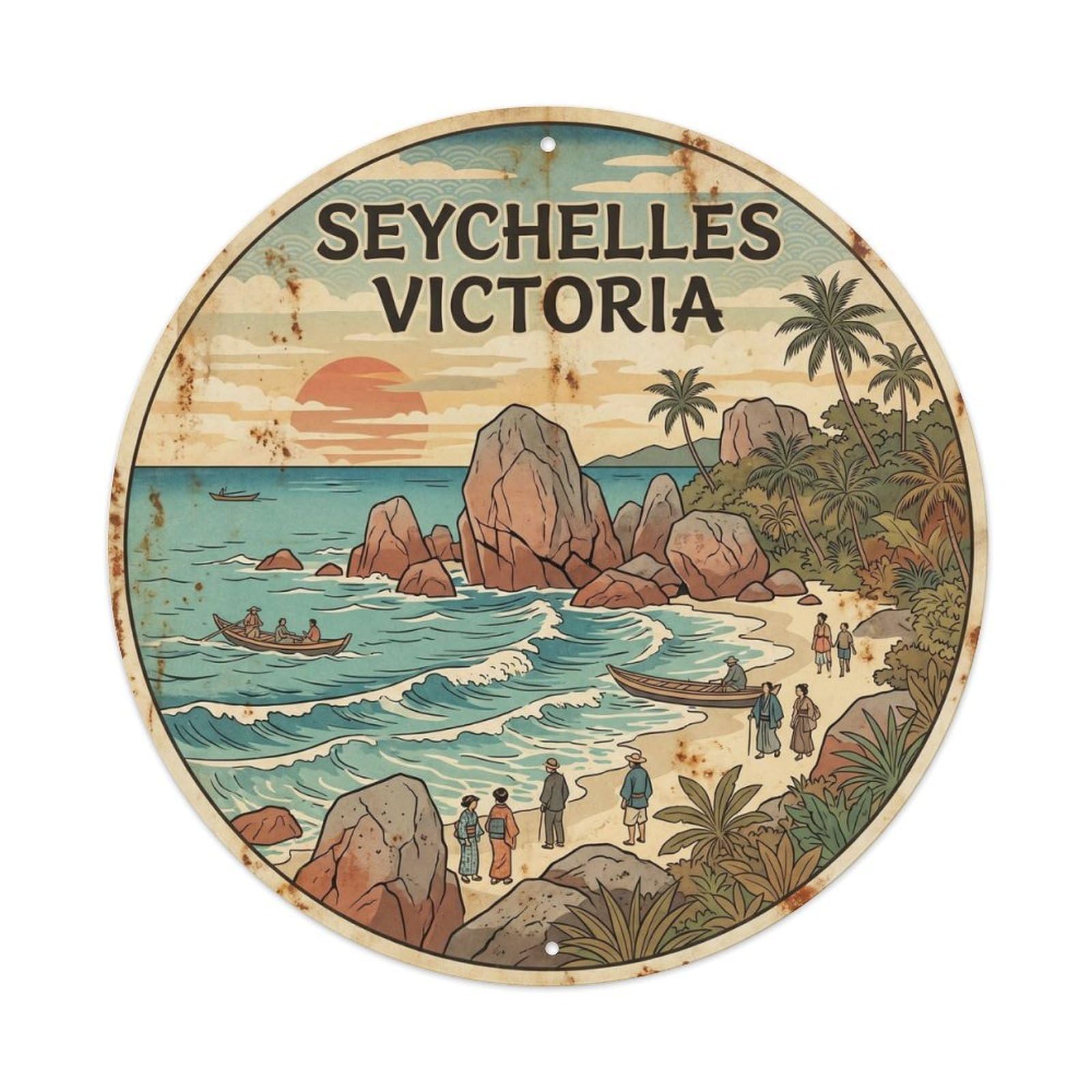 Seychelles Victoria Island Paradise Vintage Woodcut Metal Tin Sign