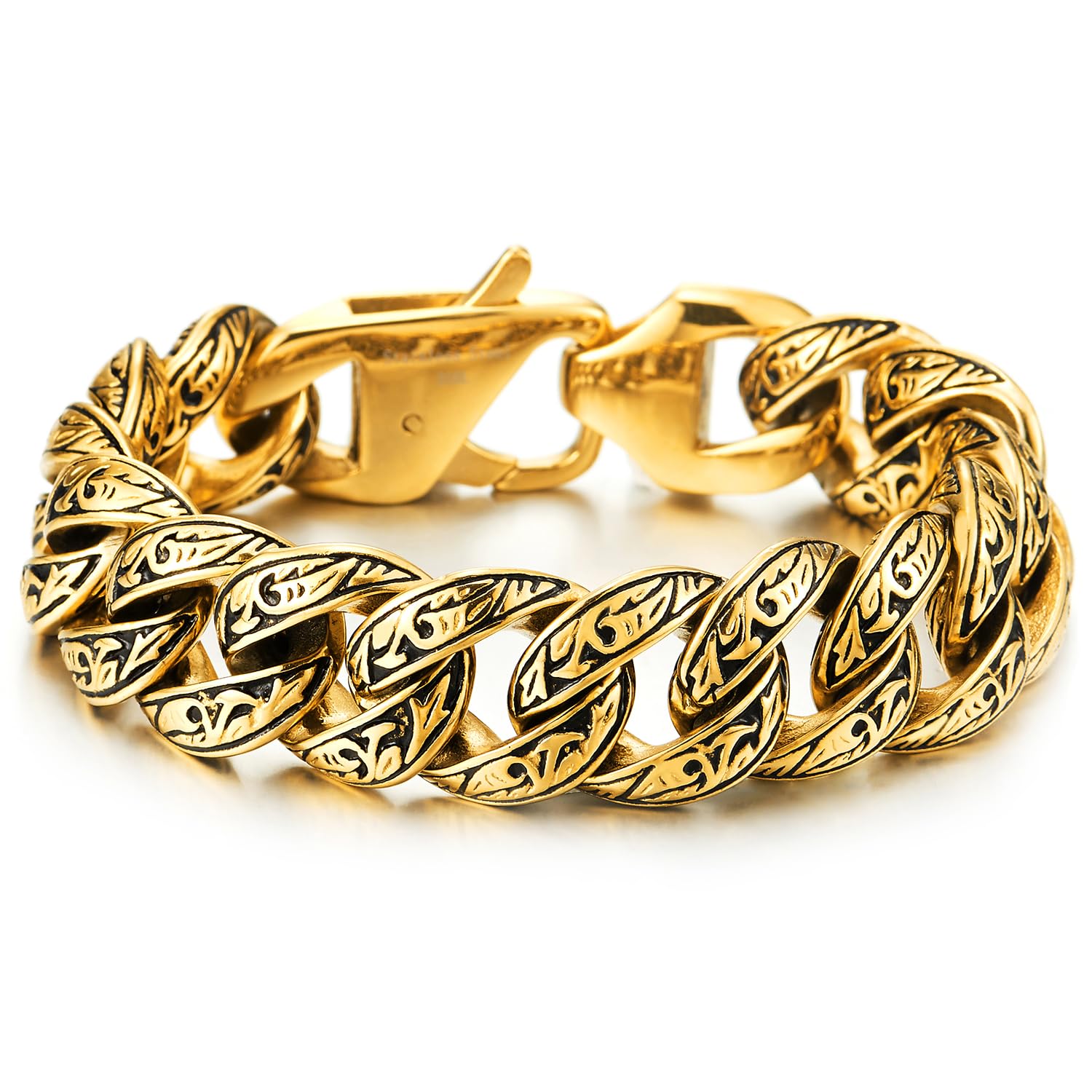 COOLSTEELANDBEYOND Mens Stainless Steel Vintage Fancy Curb Chain Bracelet with Tribal Tattoo Pattern, Retro Style, 8 inches