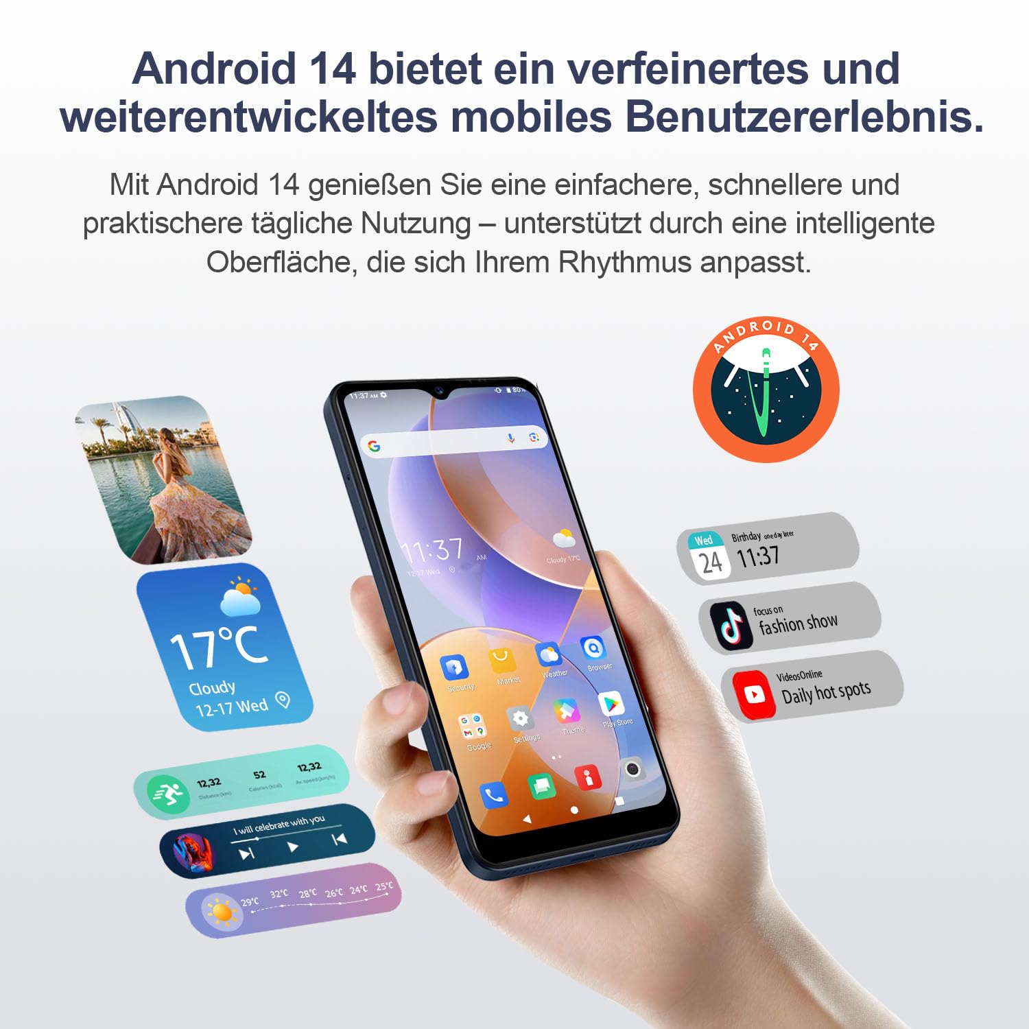 invens Halo 5 Smartphone Ohne Vertrag - 7GB(4+3)+64GB /256GB Android 14 Handys, 6,52 Zoll Bildschirm 5000mAh Handy Günstig, 16MP+8MP Kamera, 4G Dual SIM/Face ID/GPS/3.5mm Jack, Dunkelblau