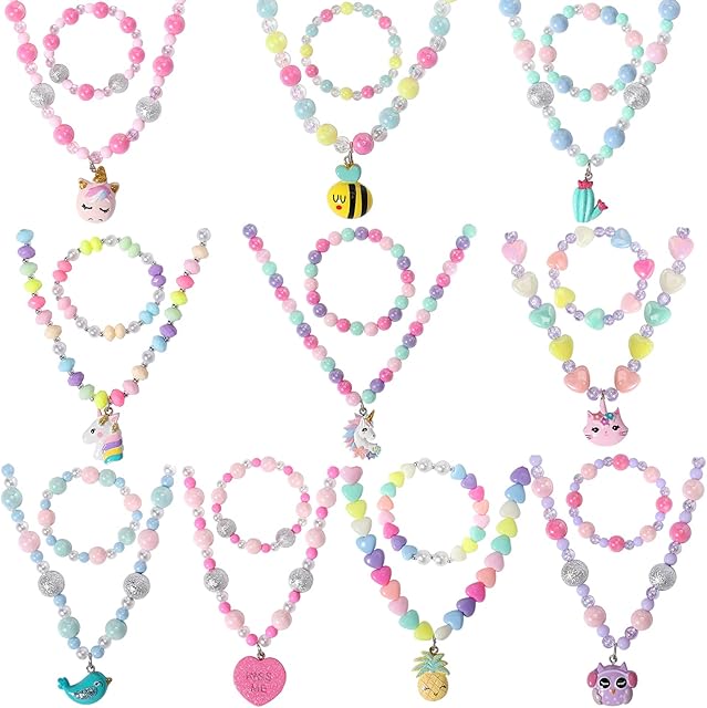 Pinkgarden 10 Sets Beaded Necklace Bracelet for Kids Girls, Unicorn Cat Bird Owl Necklace and Beads Nceklace, Princess Jewelry Bags for Little Girls Dress Up Pretend Play Party Gifts