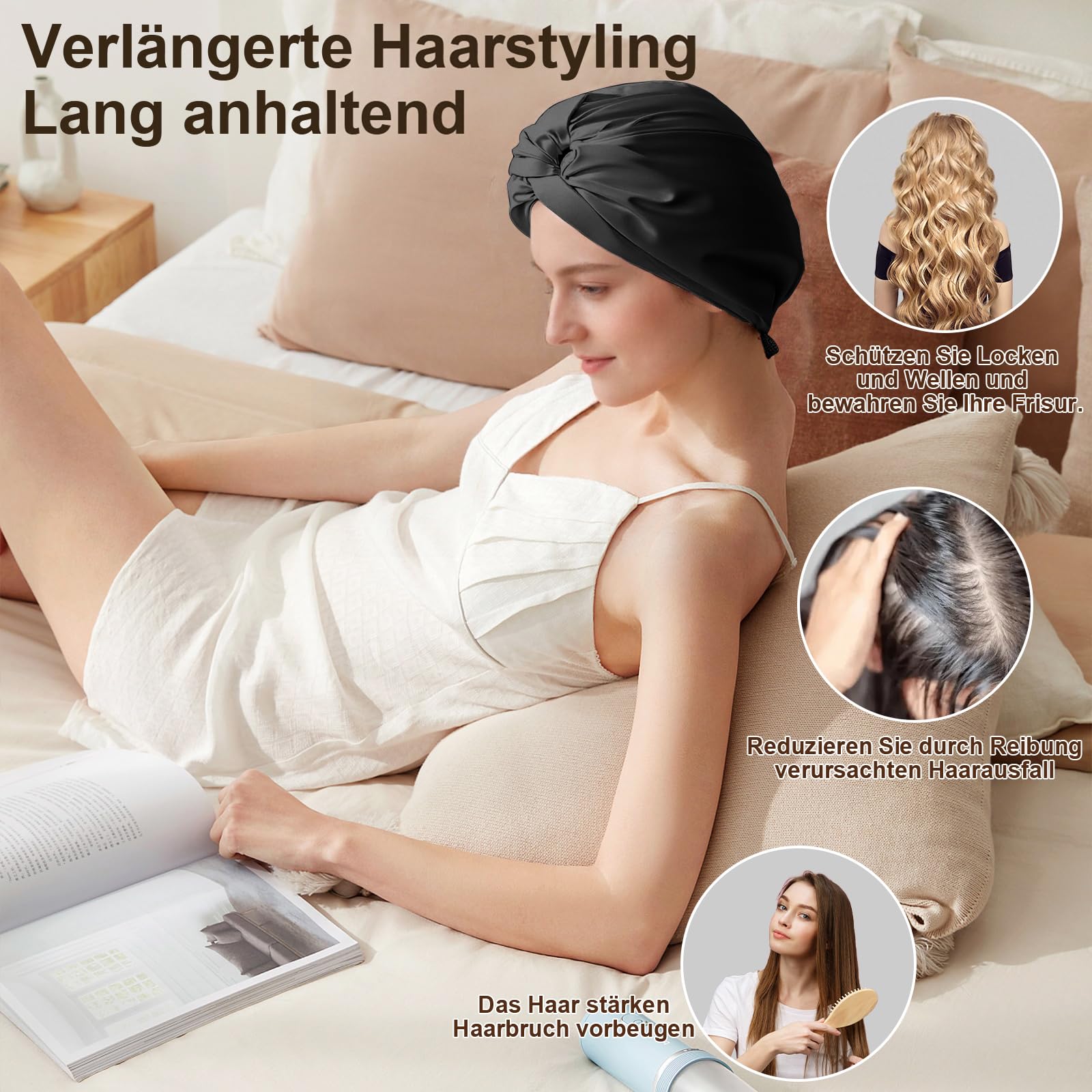 Seidenhaube zum Schlafen für gesunde Haare & lange Haare | Schlafhaube Seide verhindert Frizz, Haarbruch & Spliss | Silk Bonnet für Damen mit Locken & Haarhaube für die Nacht (Schwarz) - 4
