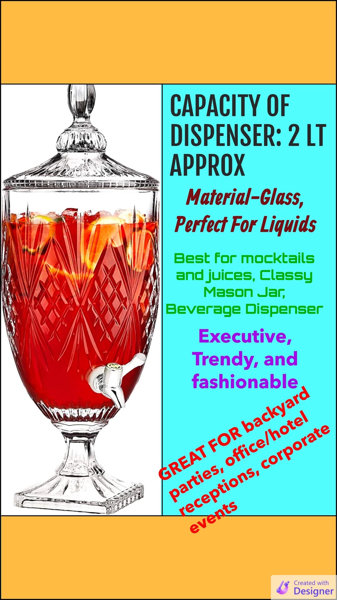 EZALLA 2000ML Mason Jar Beverage Drink Dispenser 2 Litre Glass Pitcher with tap/Spigot and Steel lid Detox, Perfect for Juices, Mocktails and More, Food Grade, Dishwasher Safe (2 Litre) 1