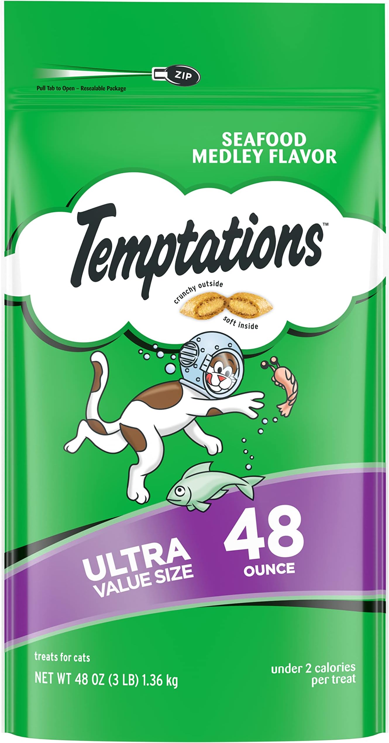 Temptations Classic Crunchy and Soft Cat Treats Seafood Medley Flavor, 48 oz. Pouch