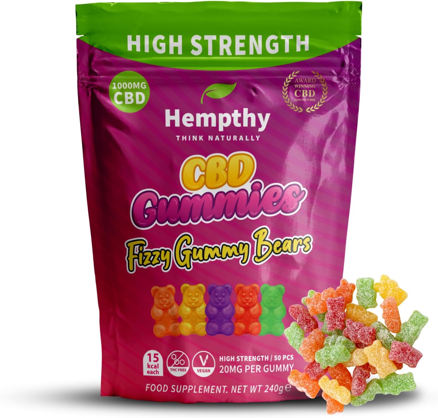 High Strength CBD Gummies 1000mg, 20mg x 50 Gummies, HIGH Strength CBD Gummy Bears, 1000mg Total CBD, THC Free, Best UK CBD Gummy Bears, for Pain Relief, Stress Relief & Better Sleep
