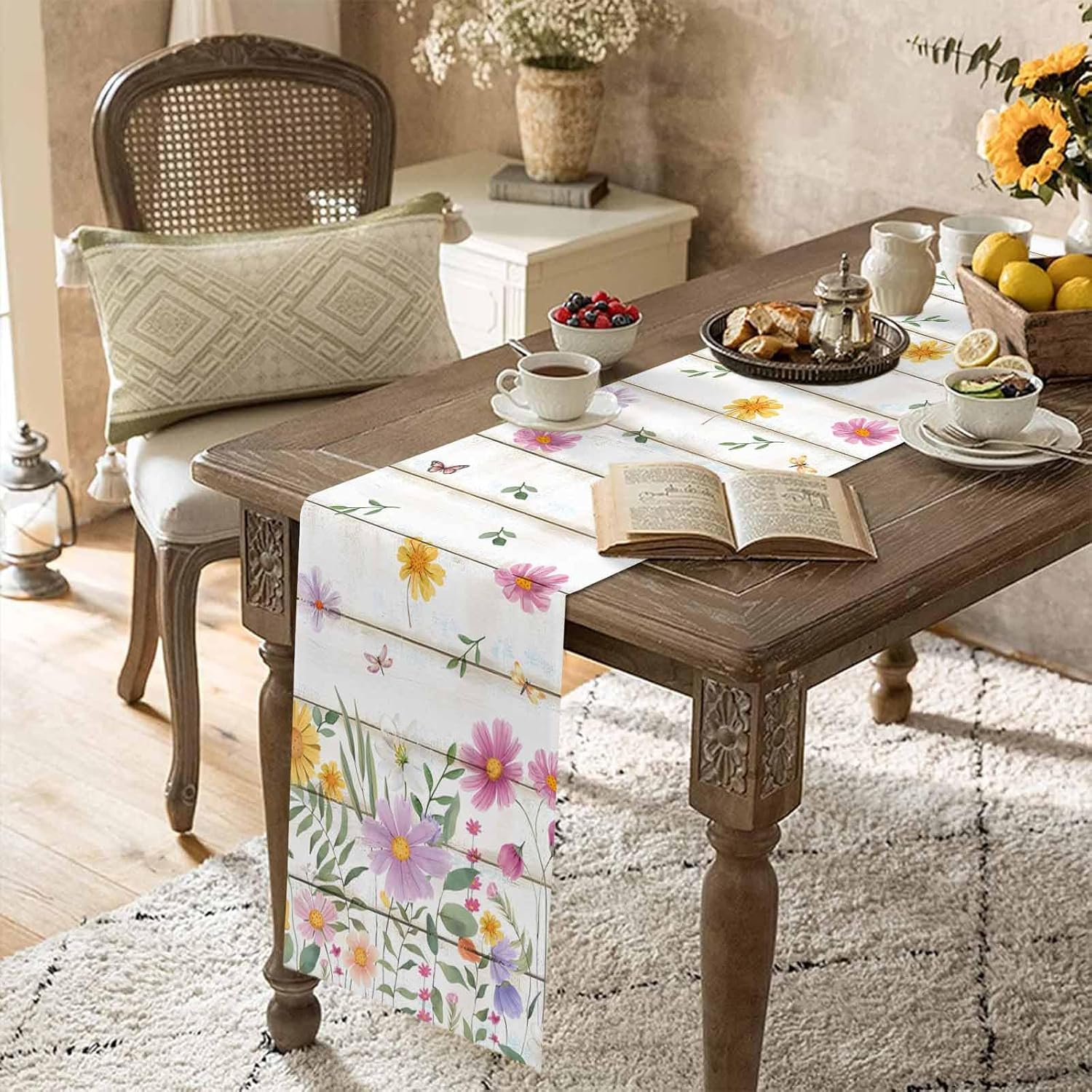 Farmhouse Flower Table Runner 90 inches Long Pastoral Wood Grain Waterproof Table Cloth Holiday Kitchen Dining Table Decorations for Indoor Outdoor Home Party Coffee